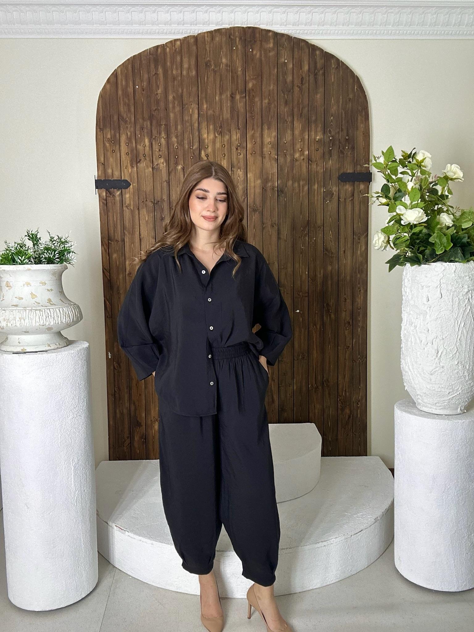 Premium Seri Trikoton Kumaş Beli Lastikli Rahat Pantolon Gömlek İkili Takım Siyah