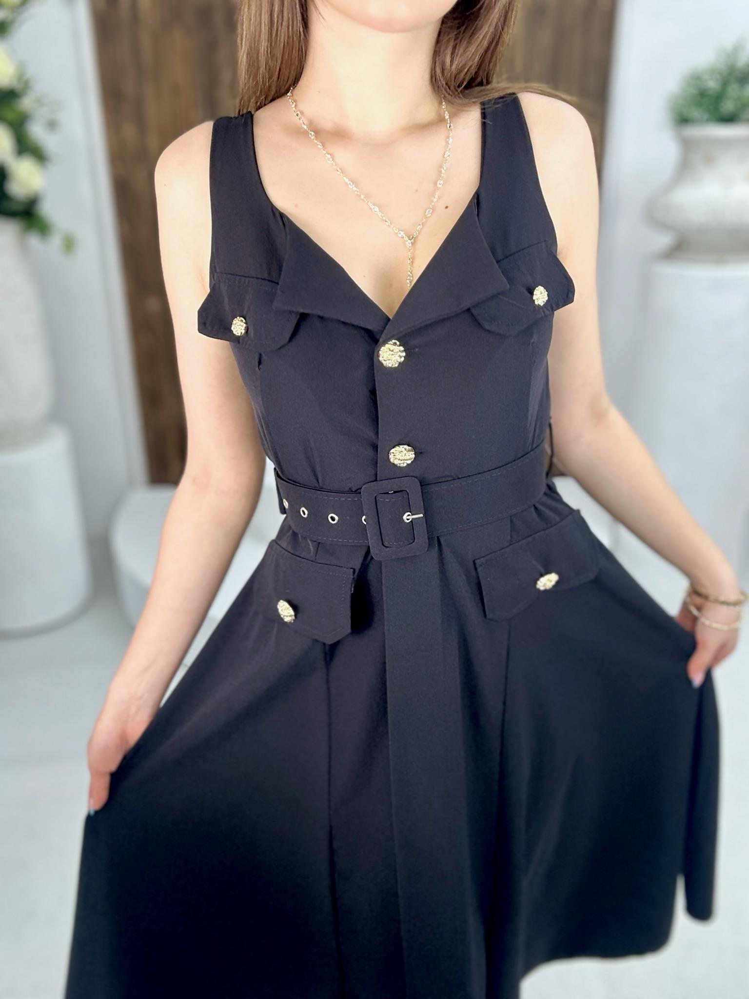 Premium Seri Trikoton Kumaş Kemerli Gold Düğmeli Midi Elbise 