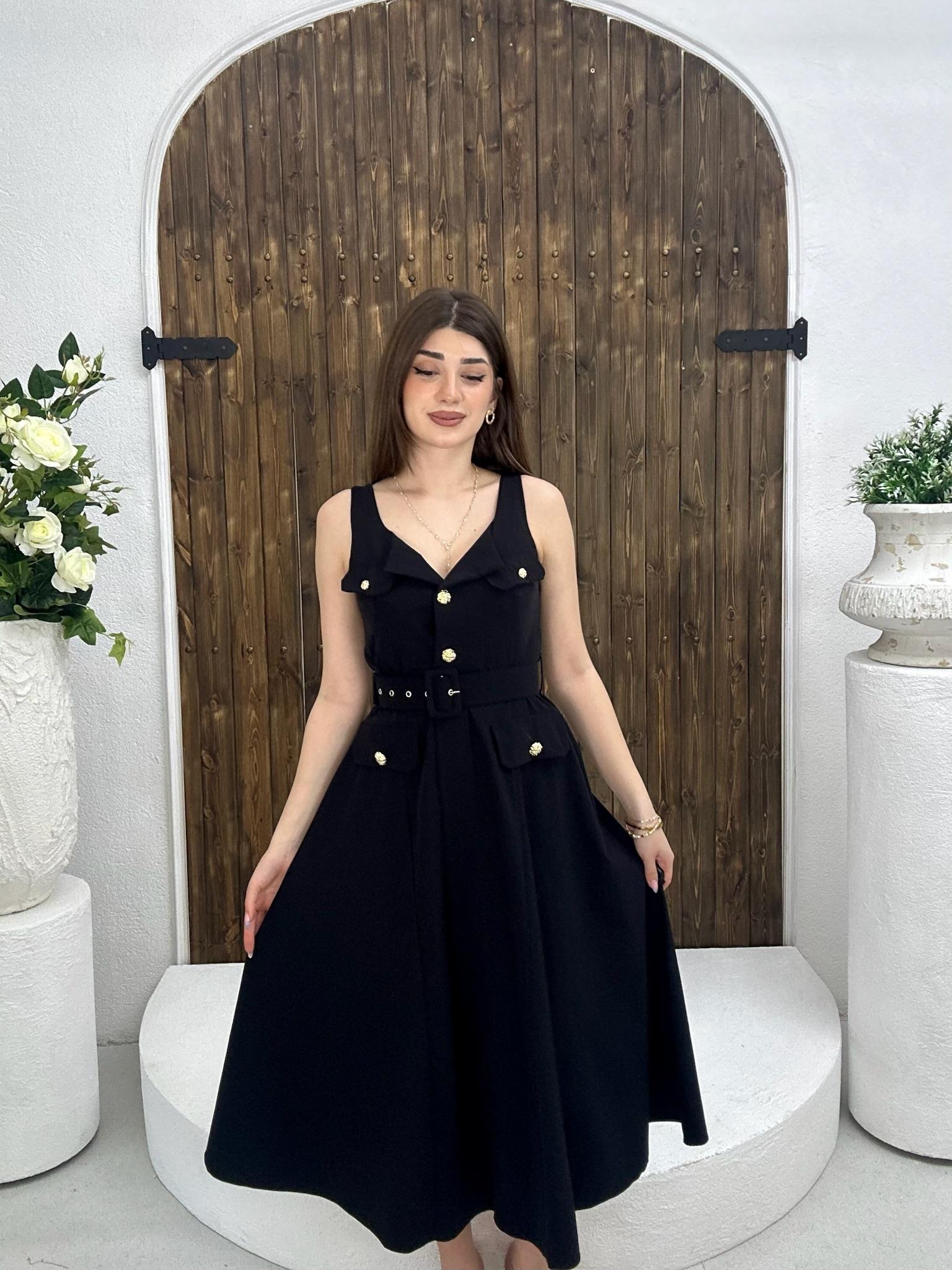 Premium Seri Trikoton Kumaş Kemerli Gold Düğmeli Midi Elbise 