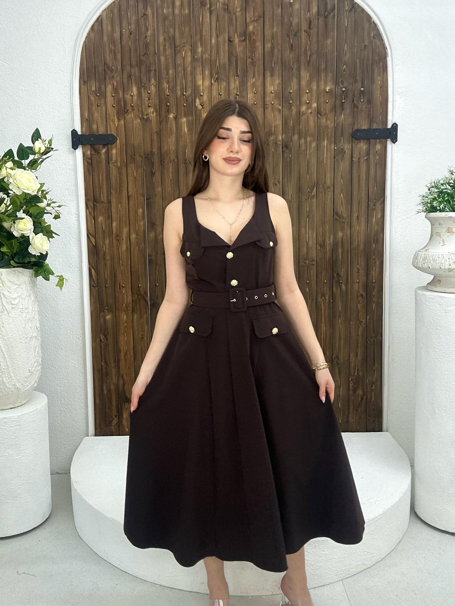 Premium Seri Trikoton Kumaş Kemerli Gold Düğmeli Midi Elbise Kahverengi