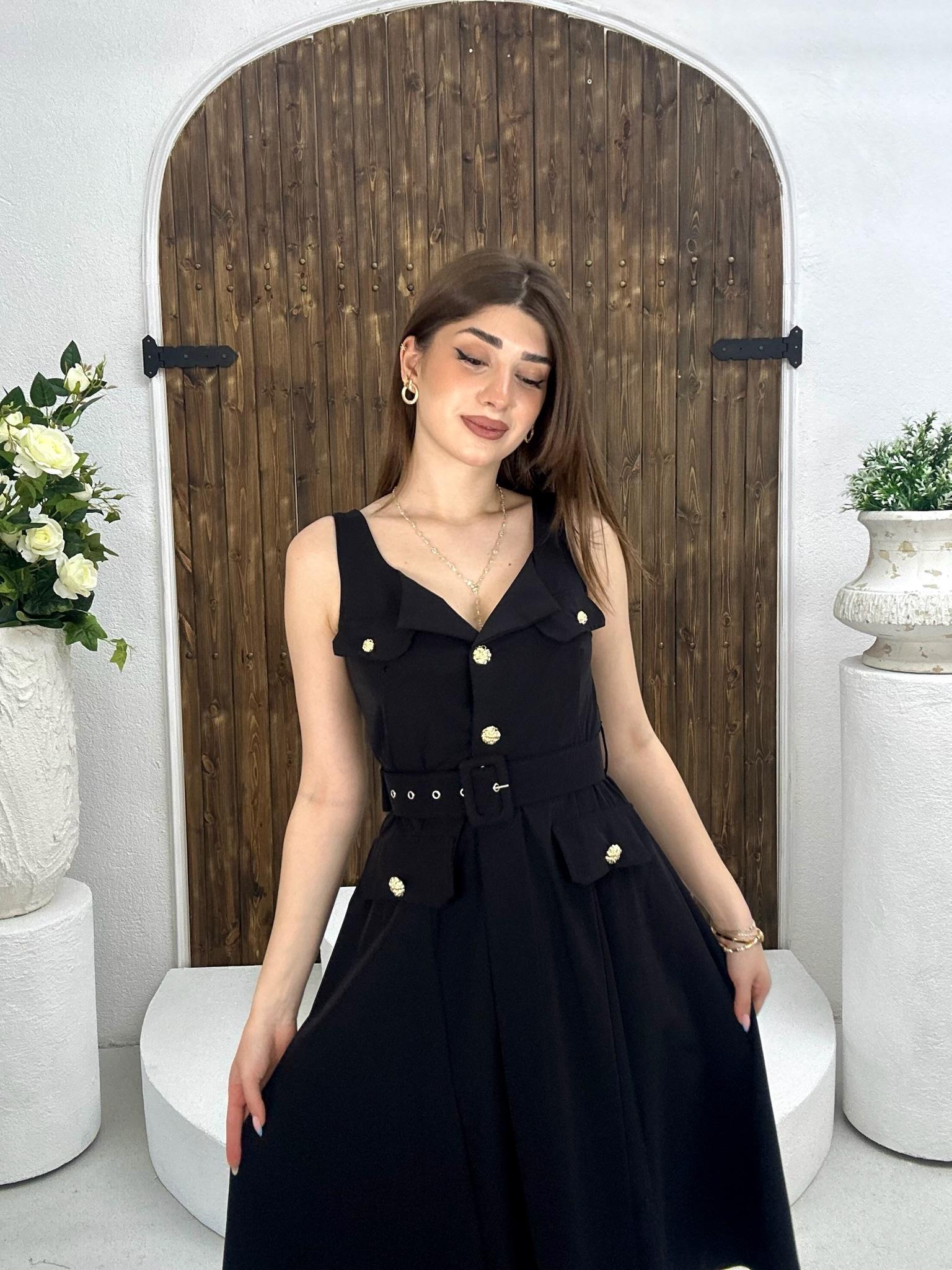 Premium Seri Trikoton Kumaş Kemerli Gold Düğmeli Midi Elbise 