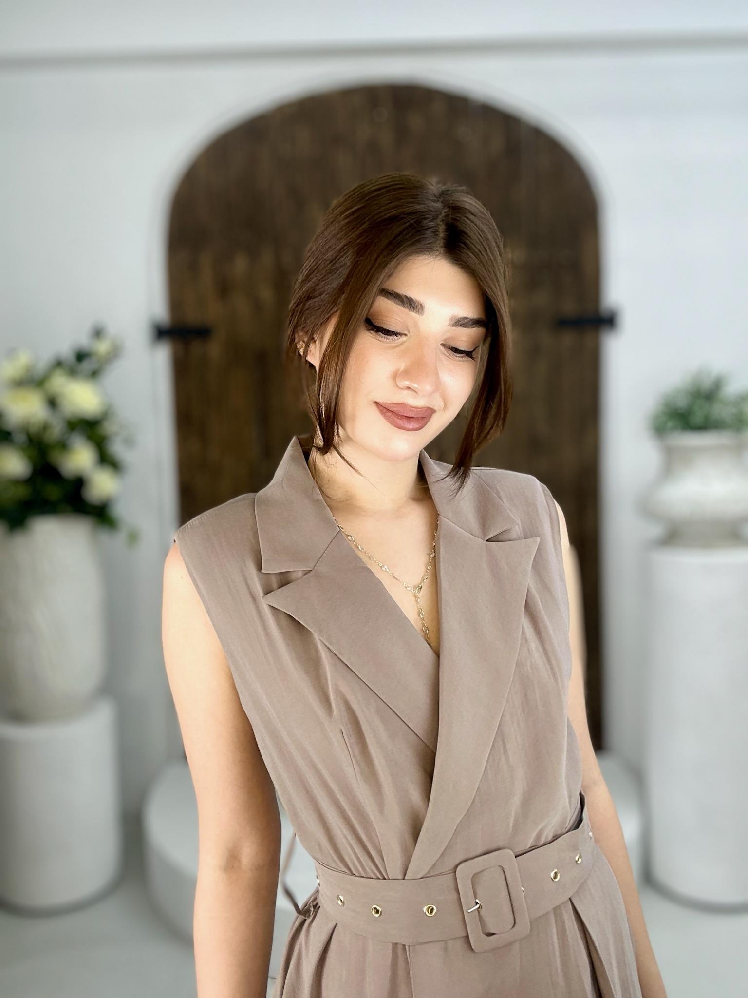 Premium Seri Trikoton Kumaş Kemerli Midi Boy Gömlek Elbise Vizon 