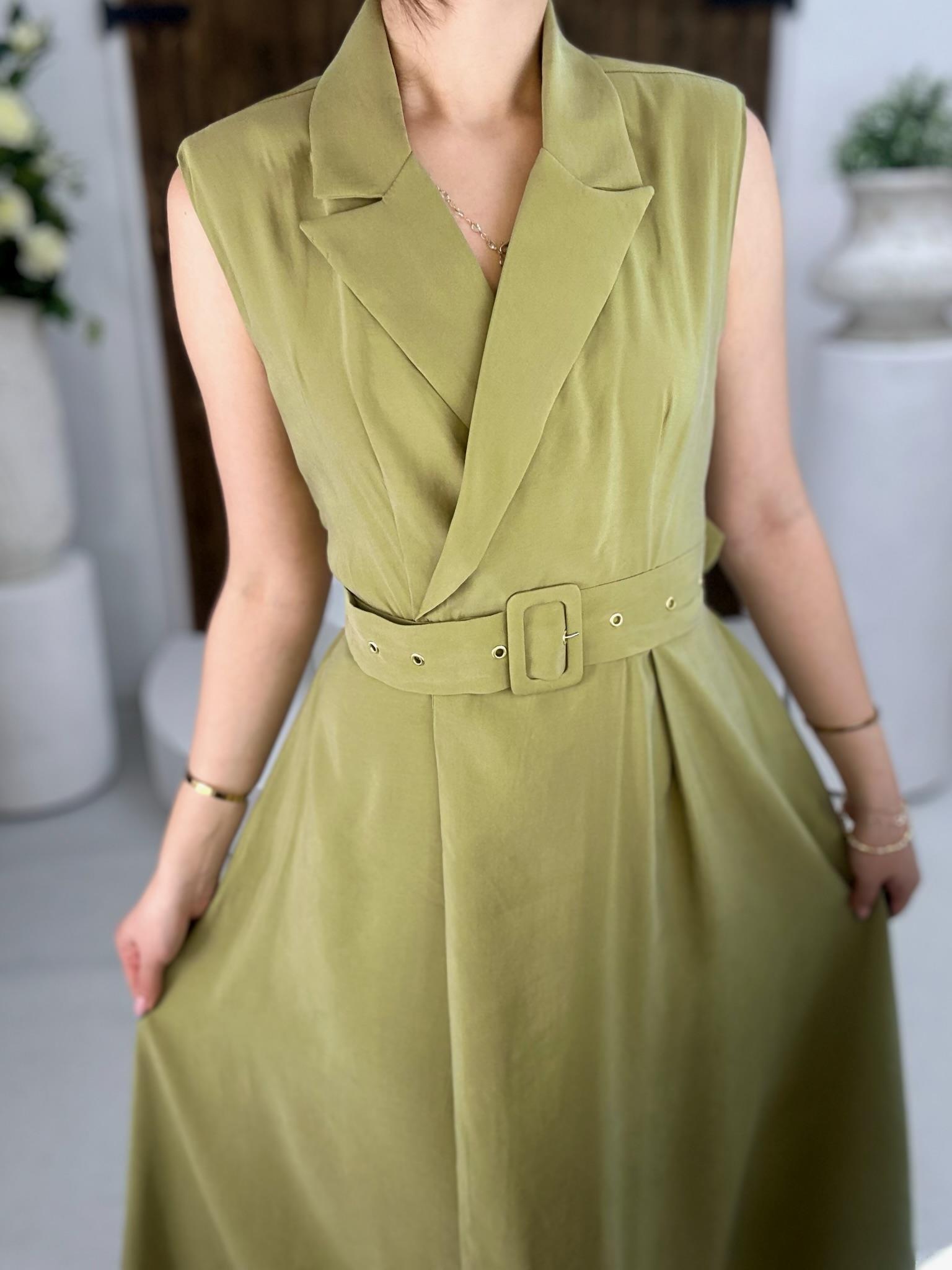 Premium Seri Trikoton Kumaş Kemerli Midi Boy Gömlek Elbise Haki