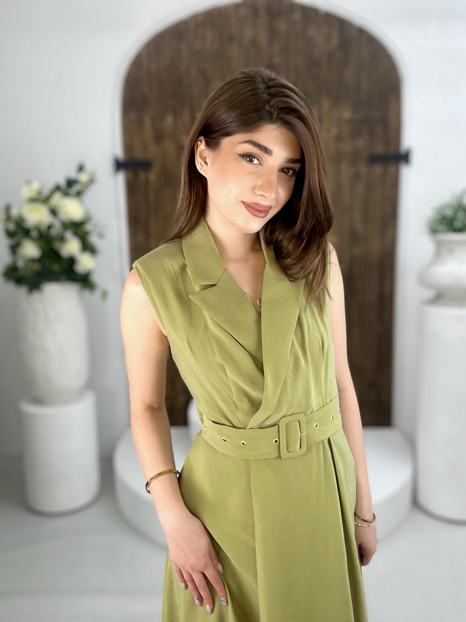 Premium Seri Trikoton Kumaş Kemerli Midi Boy Gömlek Elbise Haki