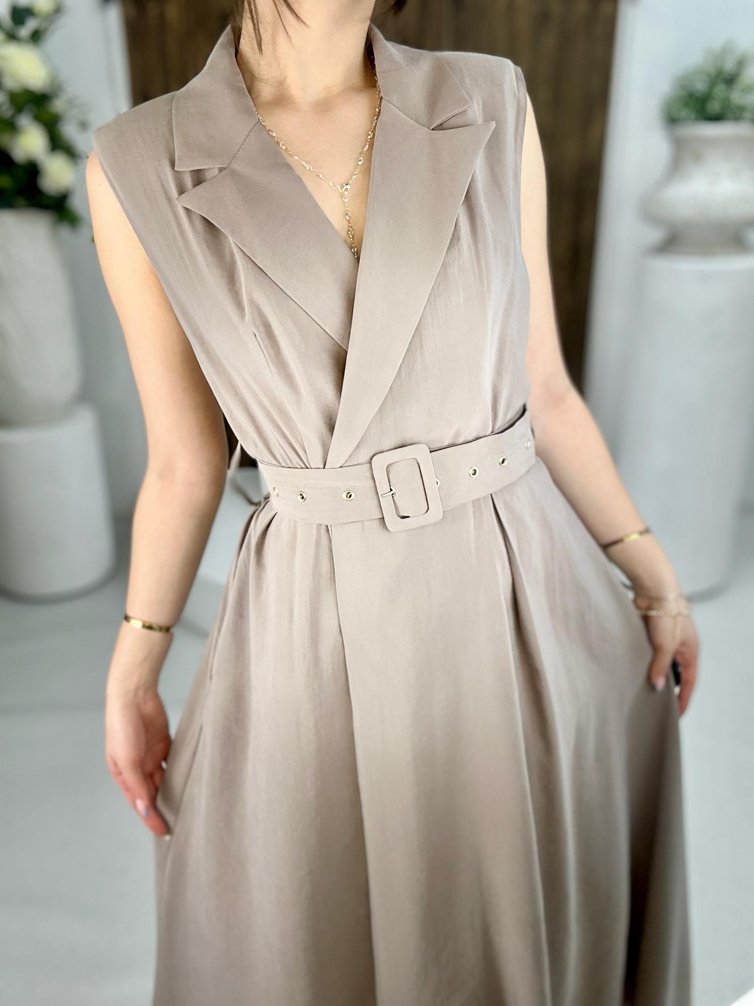 Premium Seri Trikoton Kumaş Kemerli Midi Boy Gömlek Elbise Vizon 