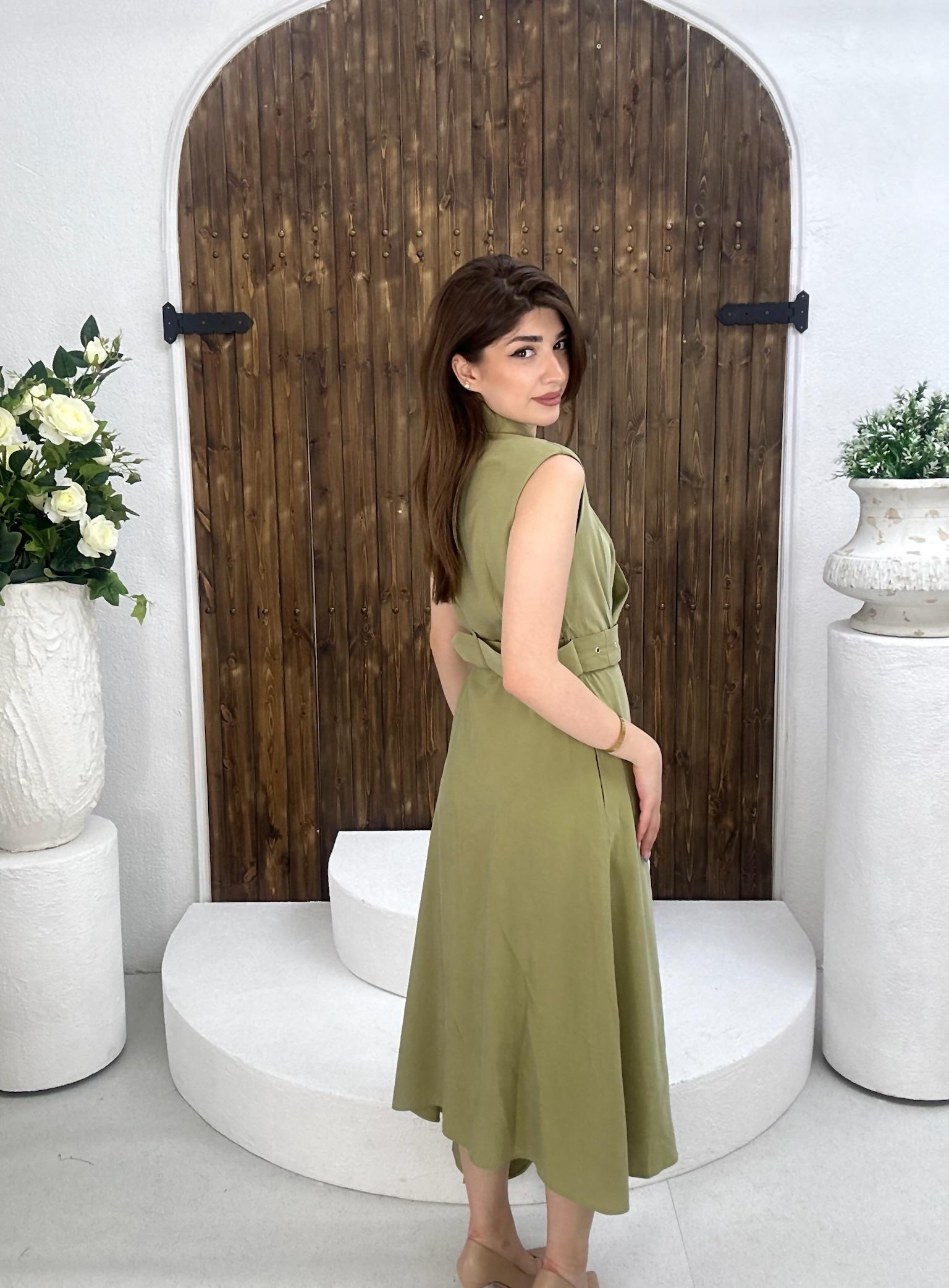 Premium Seri Trikoton Kumaş Kemerli Midi Boy Gömlek Elbise Haki