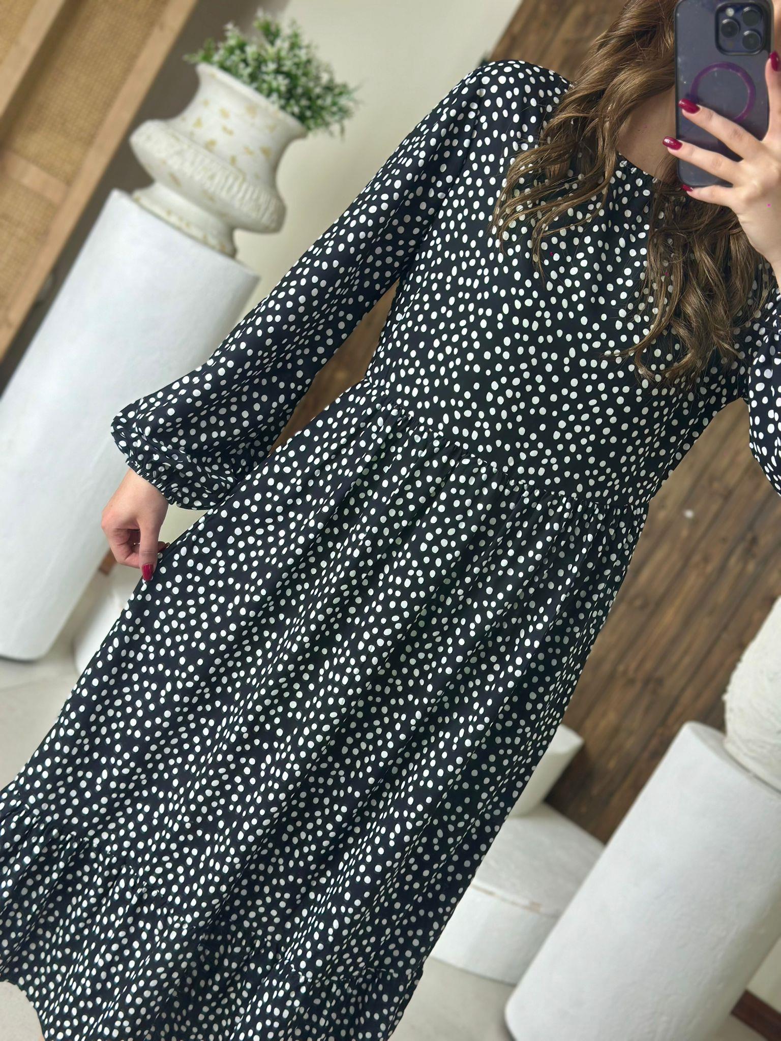 Puantiye Desen Salaş Uzun  Elbise