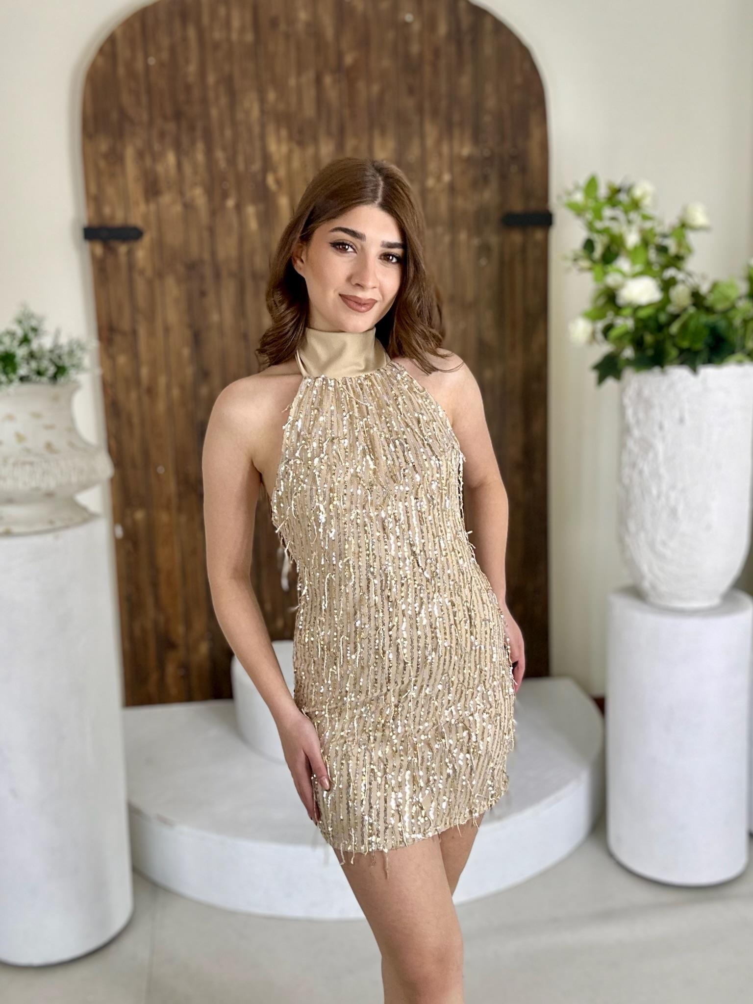 Pul Payet Dik Yaka Tasarım Elbise Gold