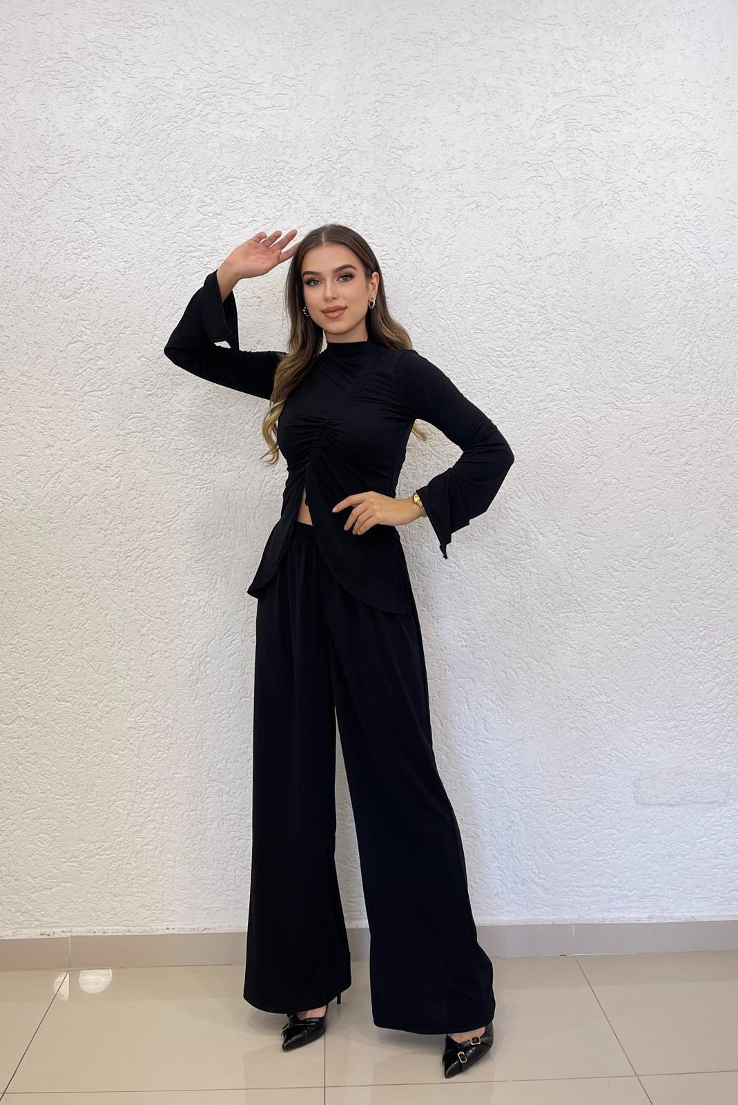 Sandy Kumaş Büzgü Detay Pantolon Bluz İkili Siyah Takım