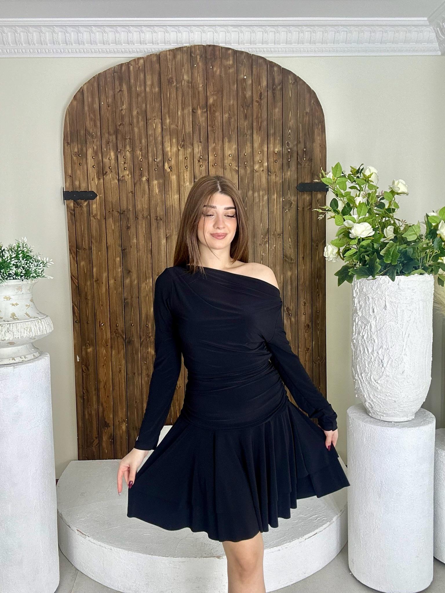 Sandy Kumaş Drapeli Mini Elbise Siyah