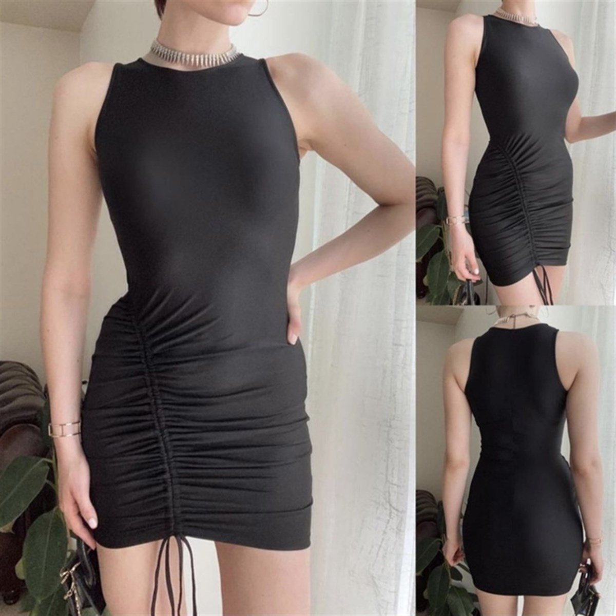 sandy kumaş eteği-büzgülü elbise