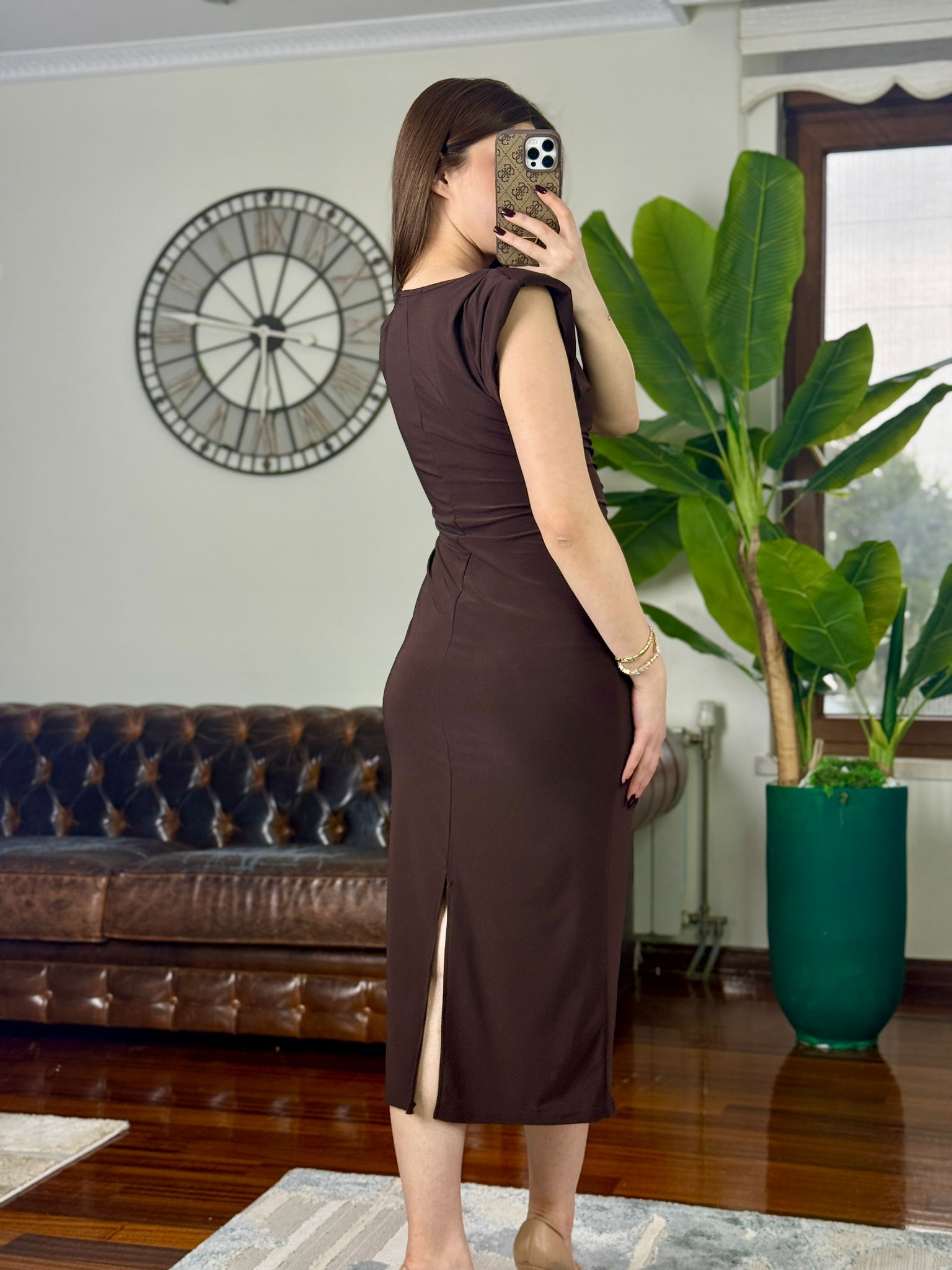 Sandy Kumaş Gold Düğme Detaylı Kalem Elbise Kahverengi