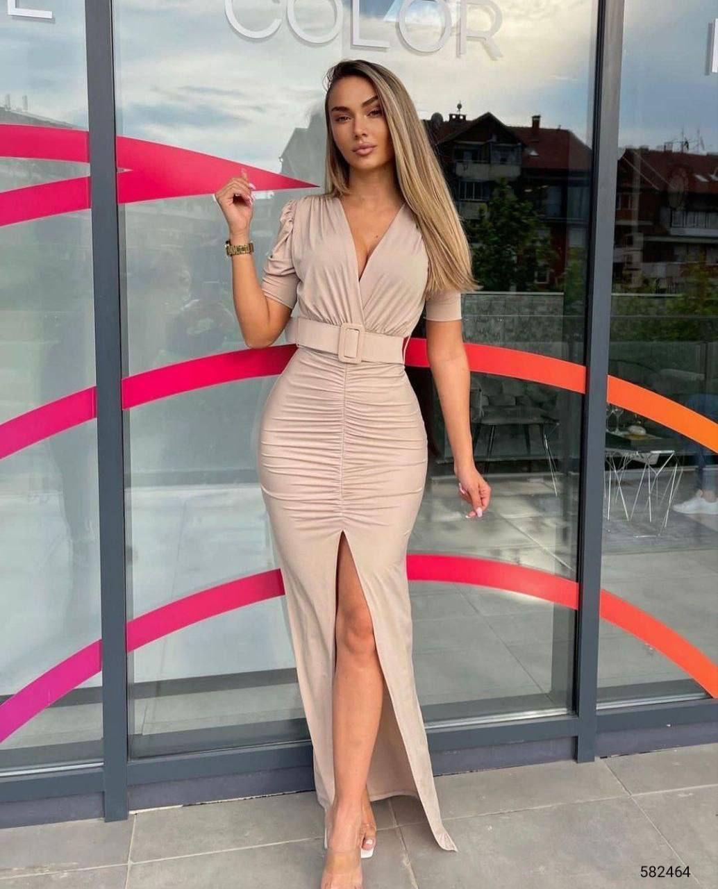 Sandy Kumaş Kaplama Kemerli Drapeli Uzun  Elbise