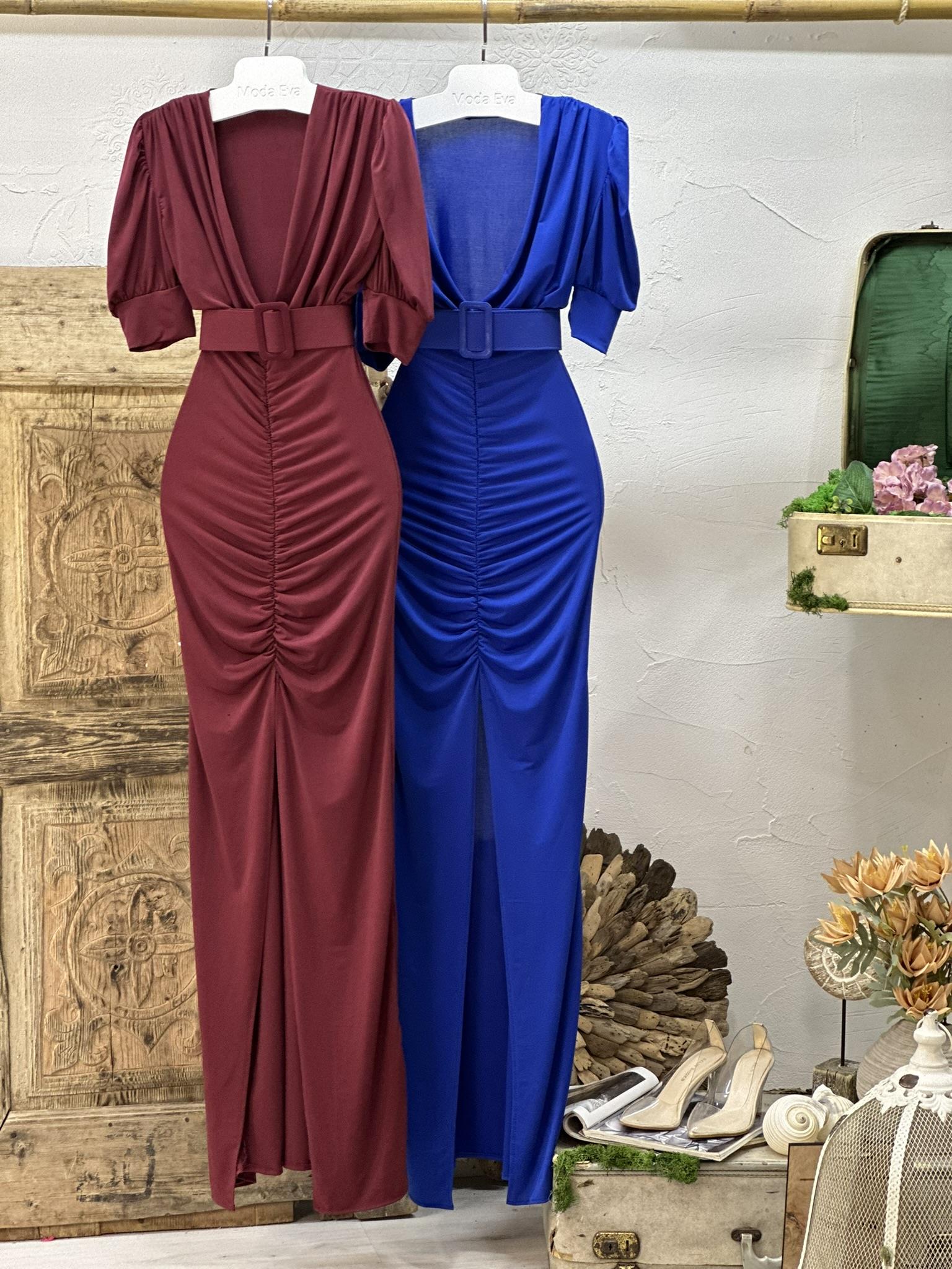 Sandy Kumaş Kaplama Kemerli Drapeli Uzun  Elbise