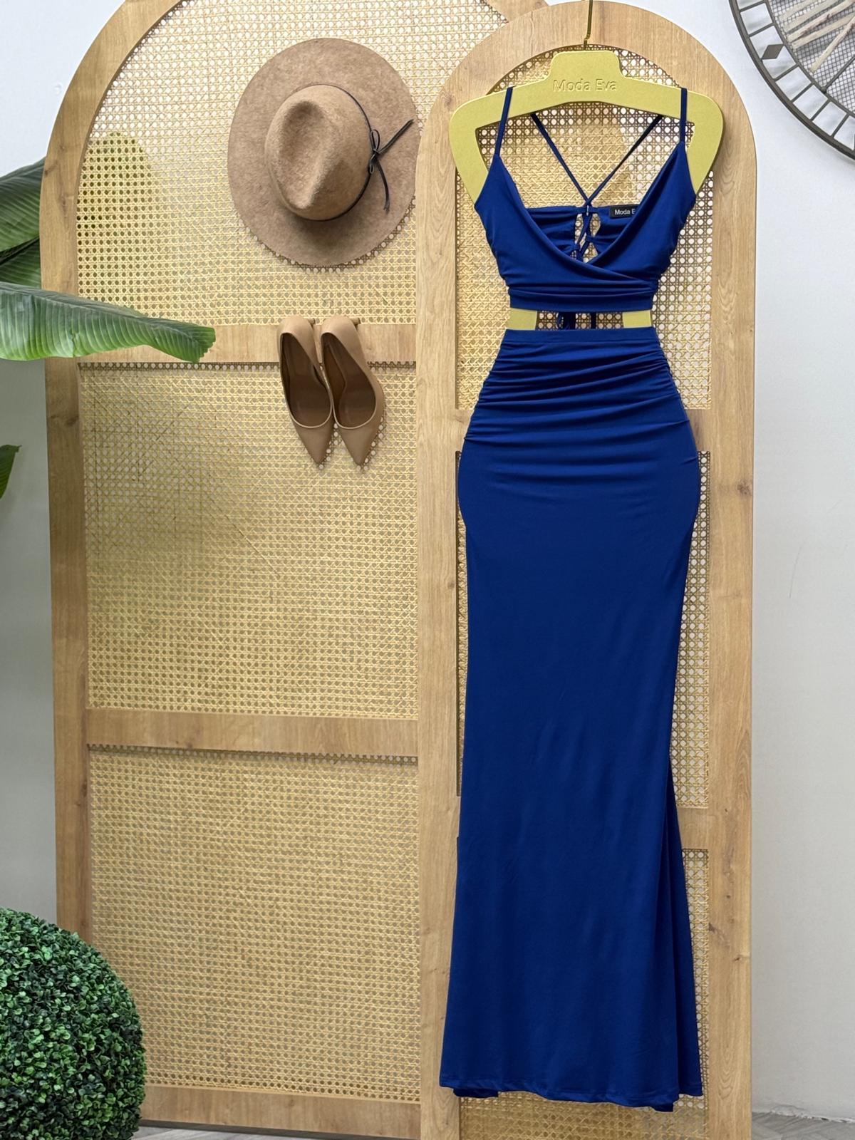 Sandy Kumaş Sırt Detay Büstiyer Uzun Balık Etek Abiye Takım Saks