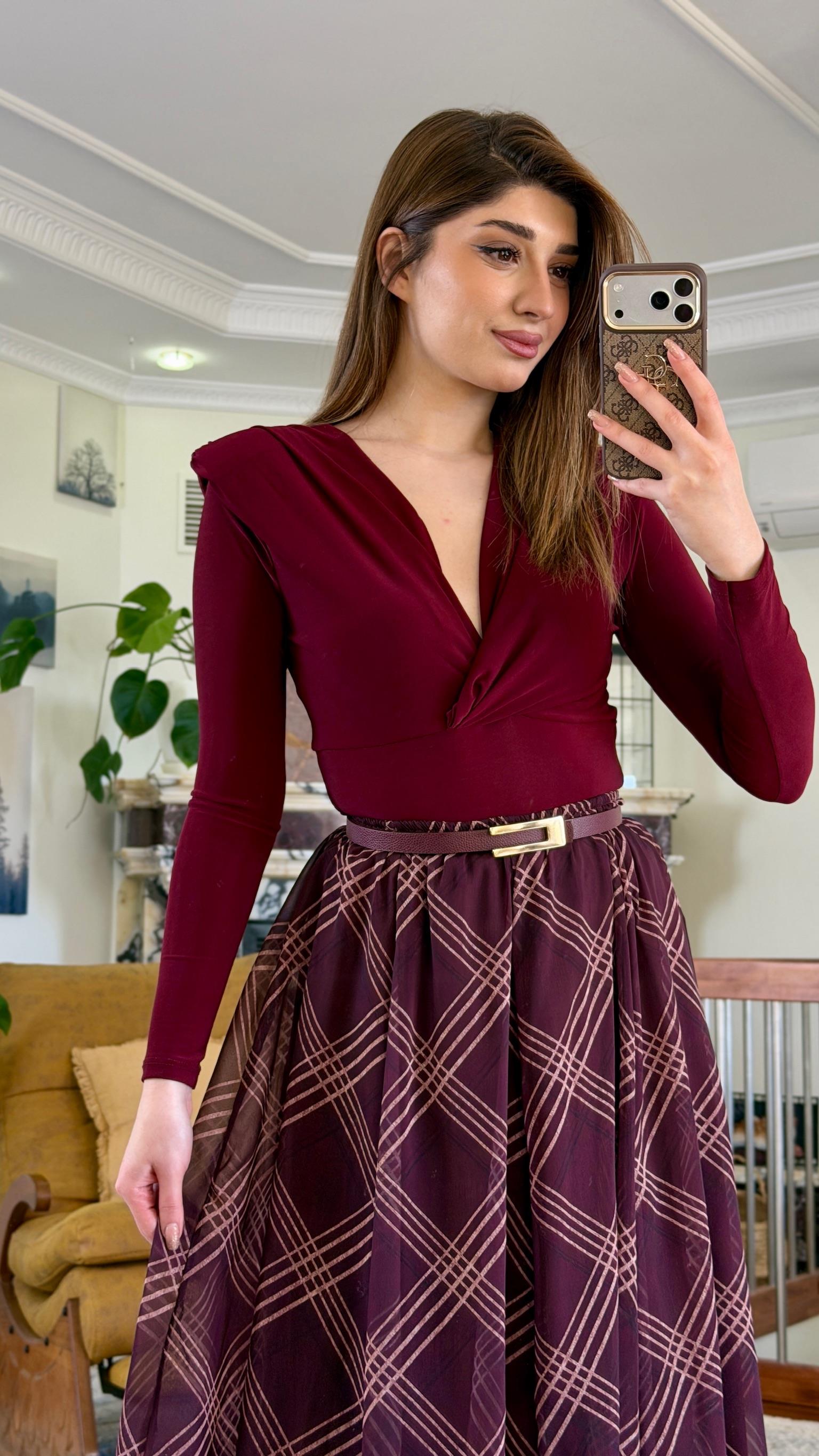 Sandy Kumaş Vatkalı Bodysuit Bordo