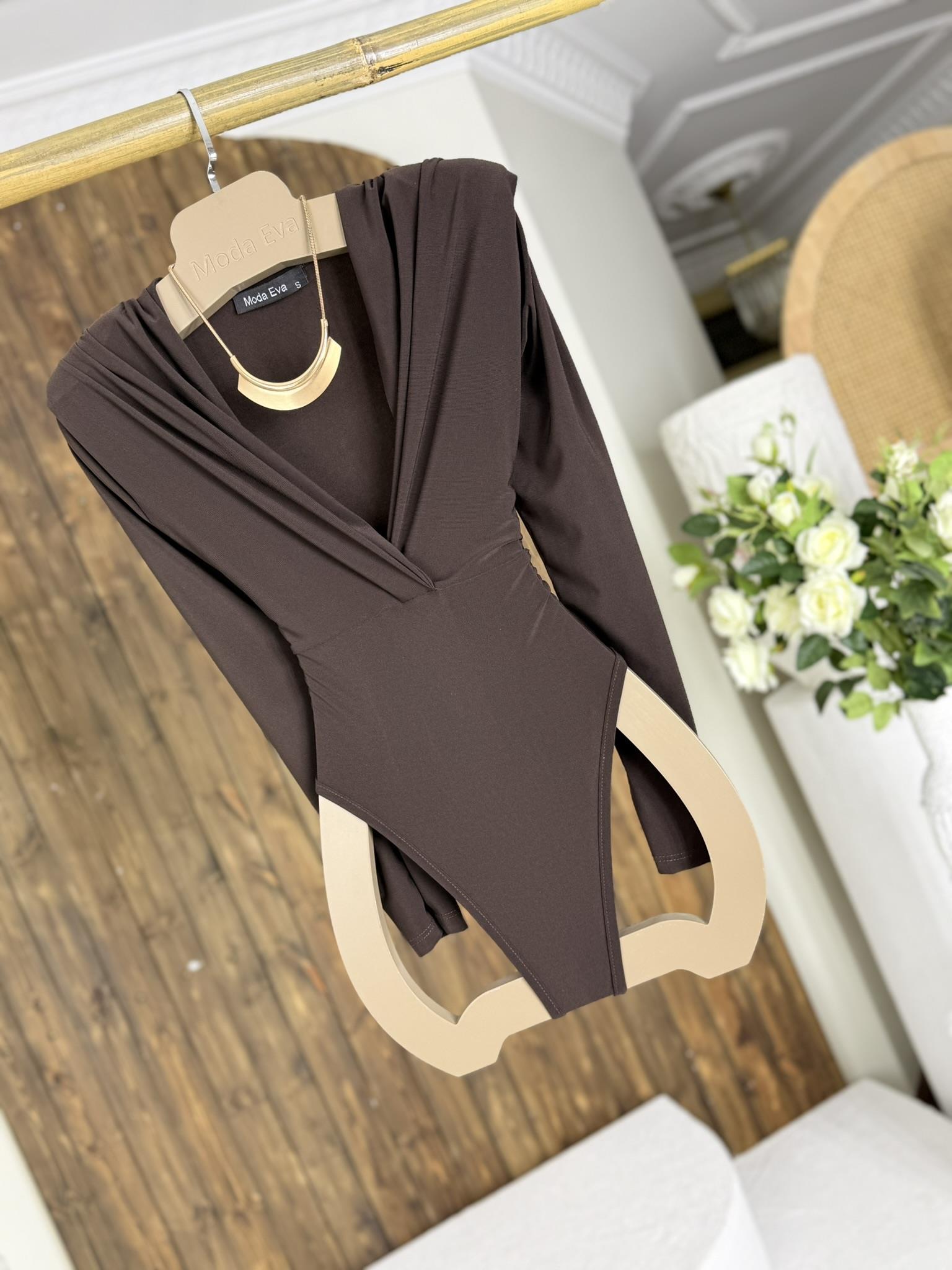 Sandy Kumaş Vatkalı Bodysuit Kahverengi