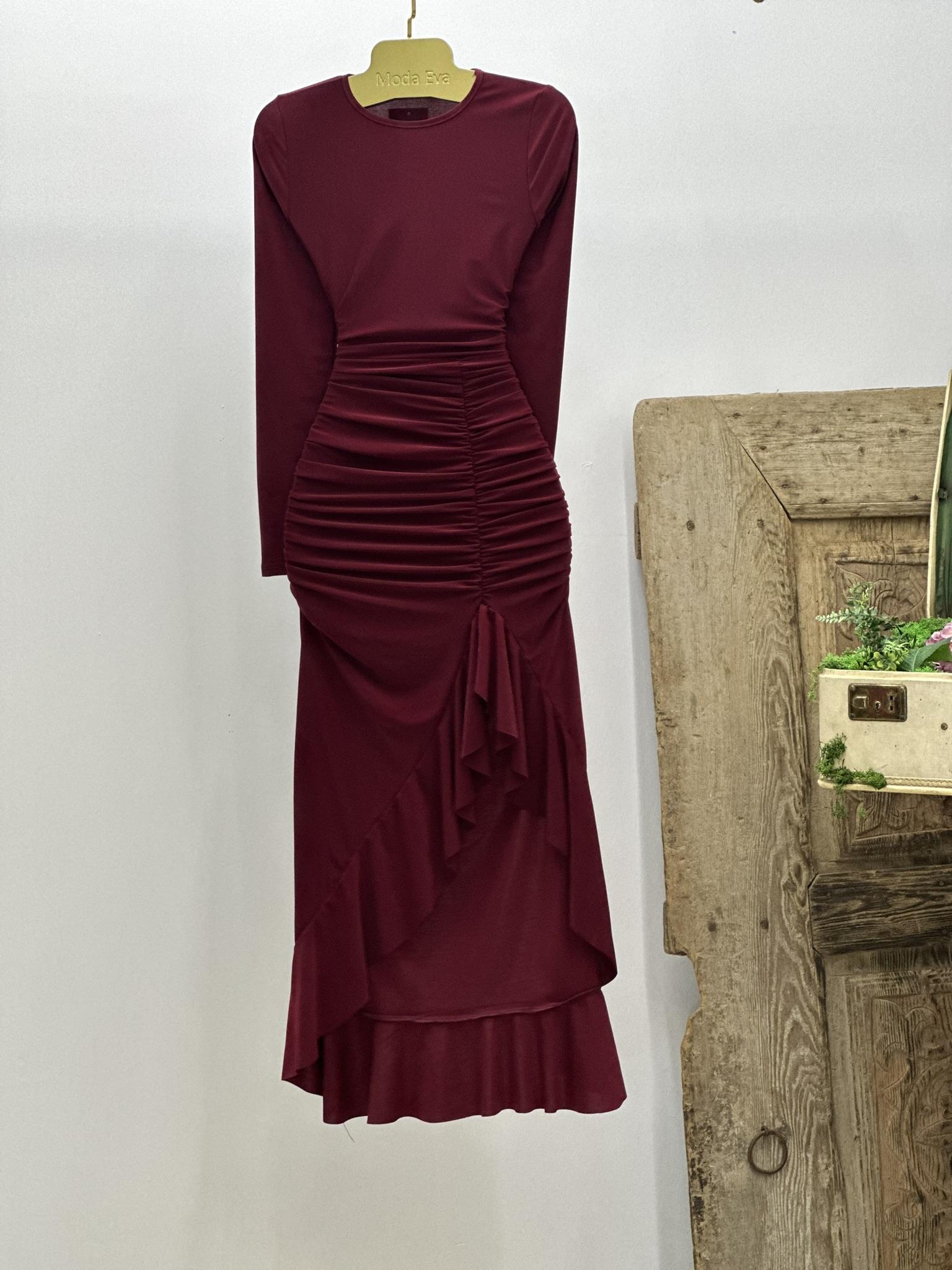 Sandy Kumaş Volan Detay Drapeli Bordo Uzun Elbise