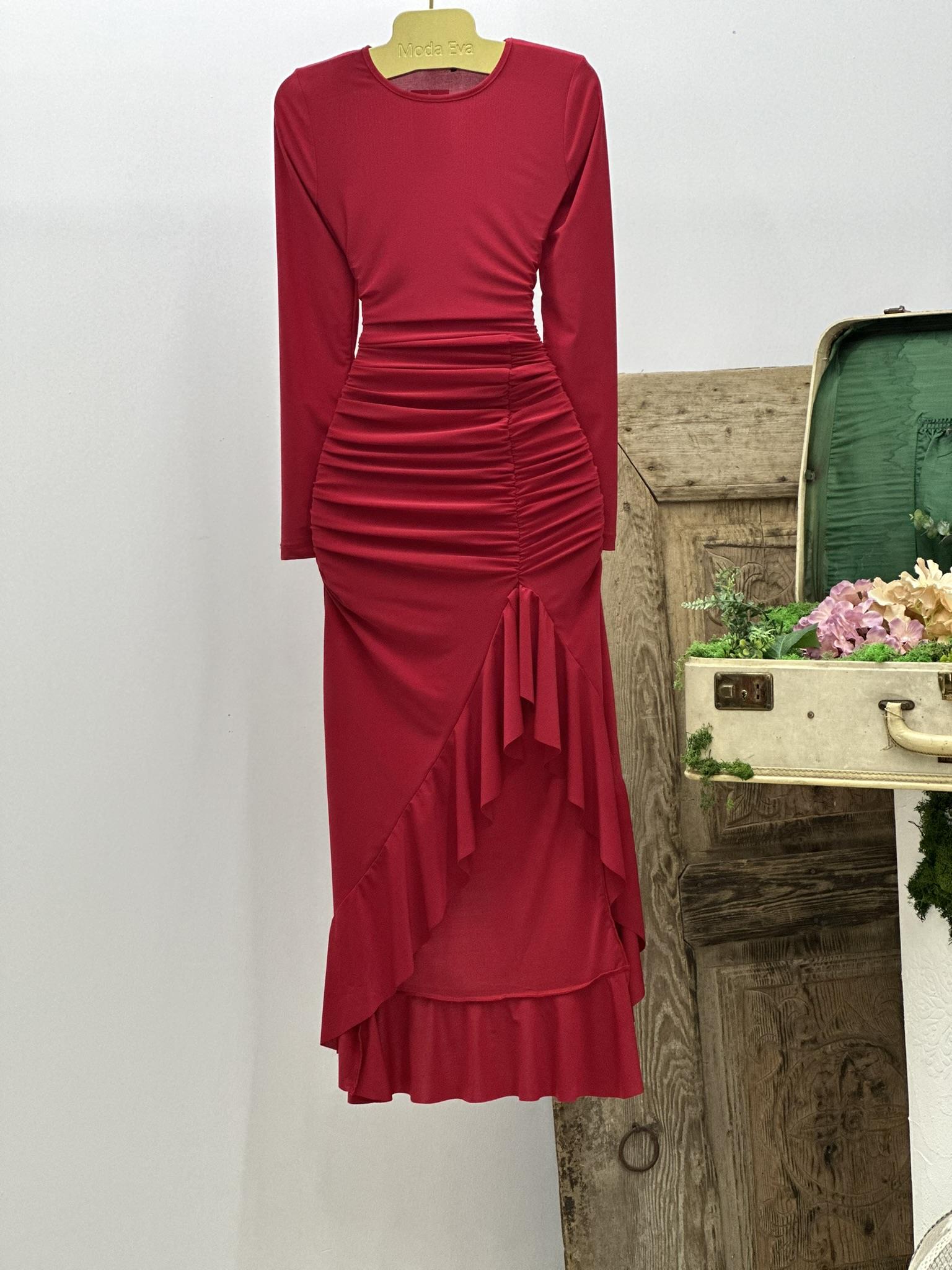 Sandy Kumaş Volan Detay Drapeli Kırmızı Uzun Elbise