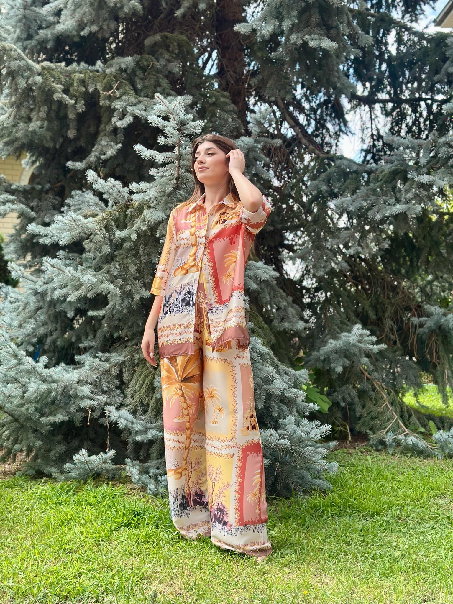 Saten Kumaş Desenli Rahat İkili Takım