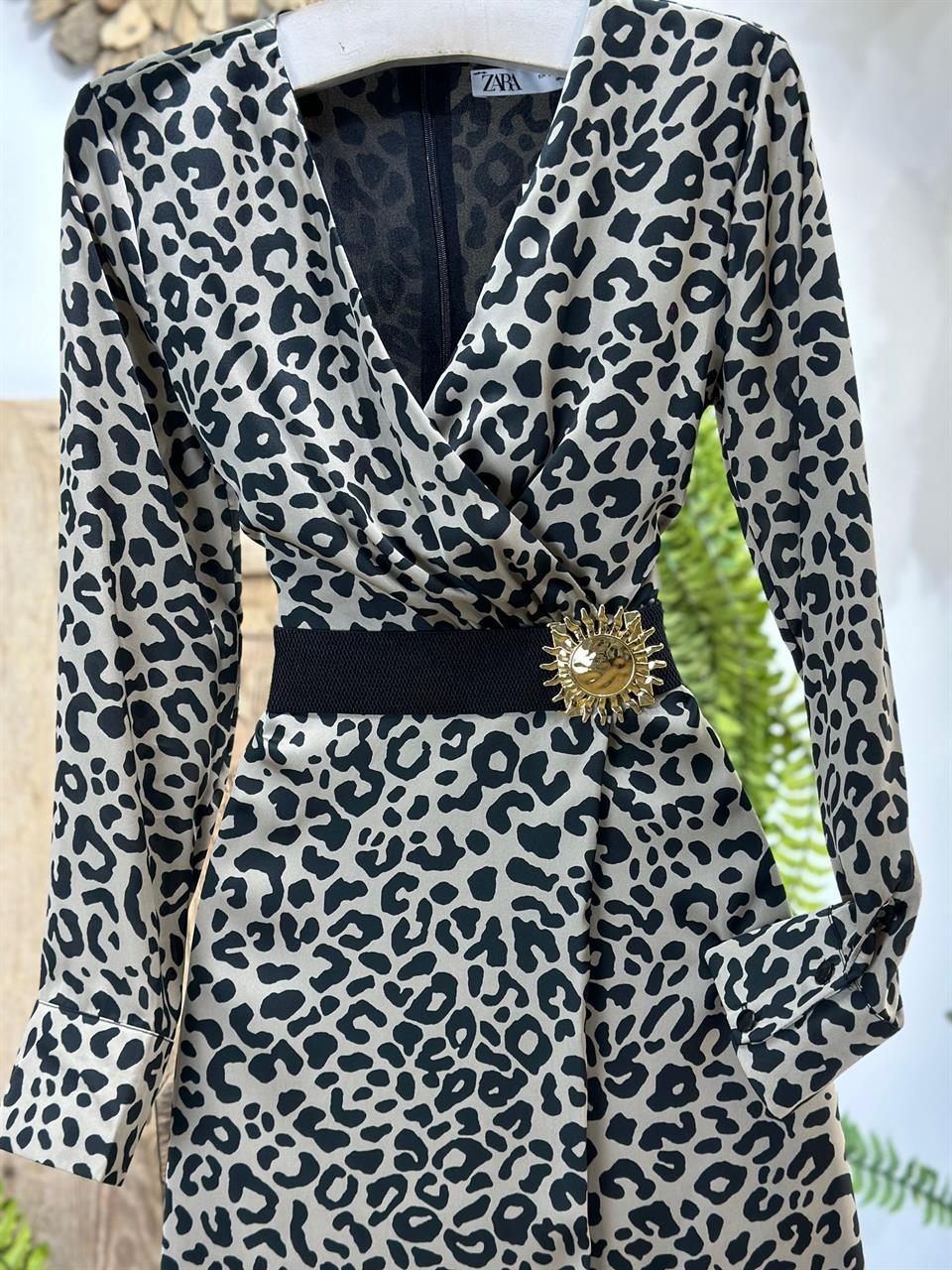 Saten Kumaş Leopar Desen Kruvaze Model Astarlı Midi Boy Elbise
