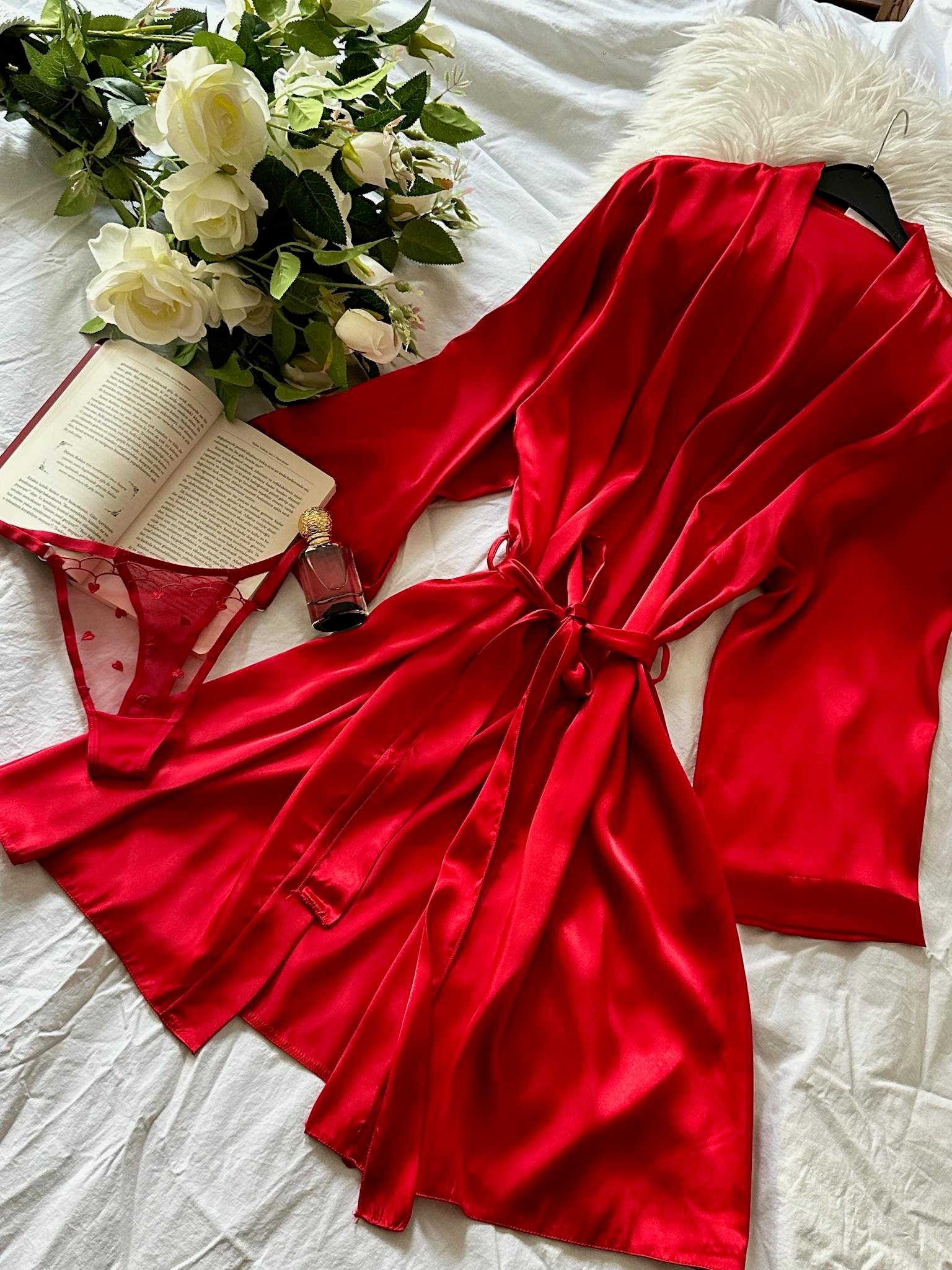 Saten Kumaş Sabahlık Kırmızı