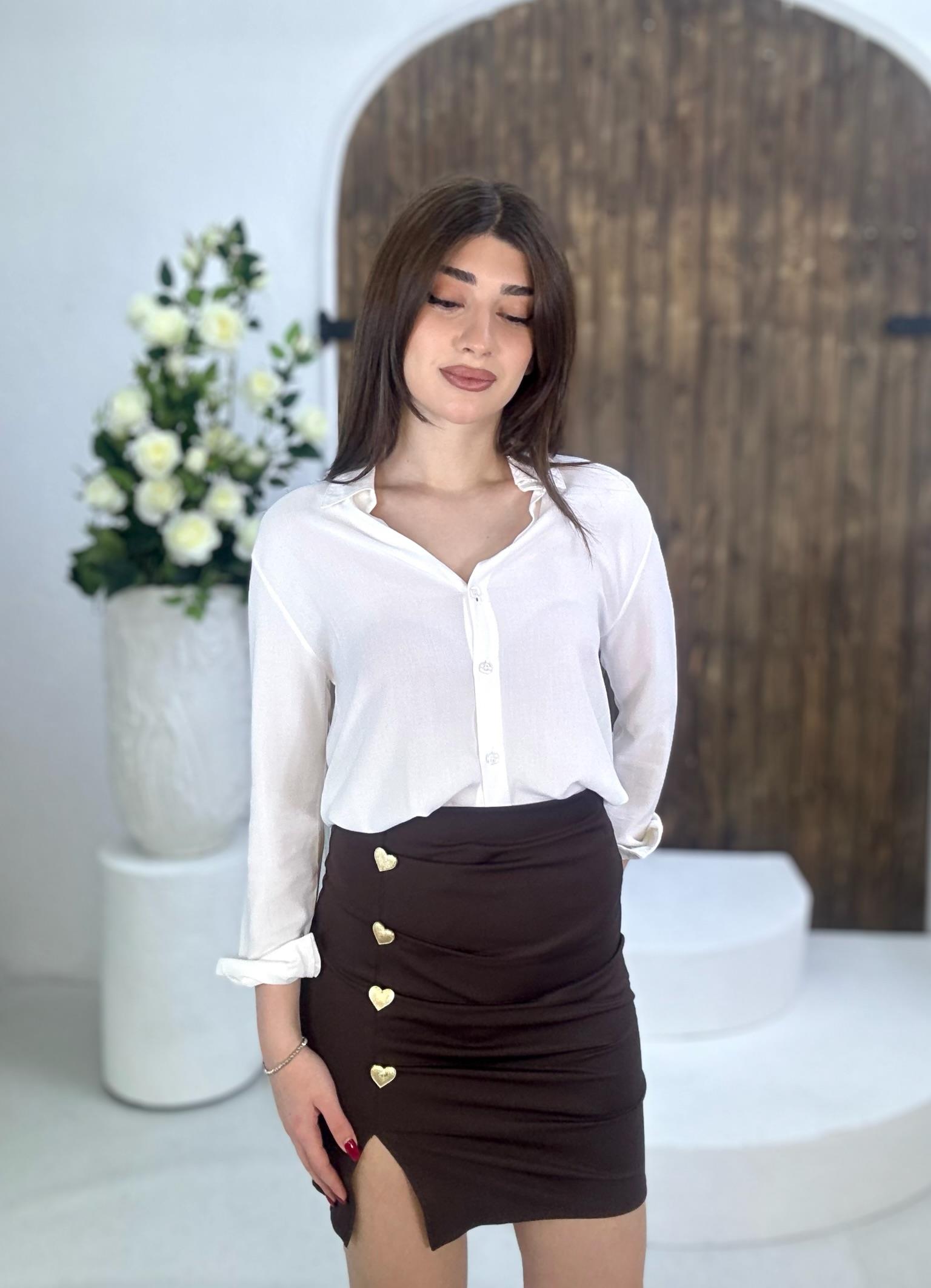 Scuba Kumaş Drape Detay Kalp Düğmeli Etek Kahve