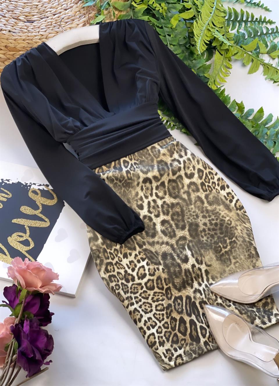 Scuba Kumaş Leopar Desen Beli Lastikli Fermuarsız Yırtmaçsız Kalem Etek 