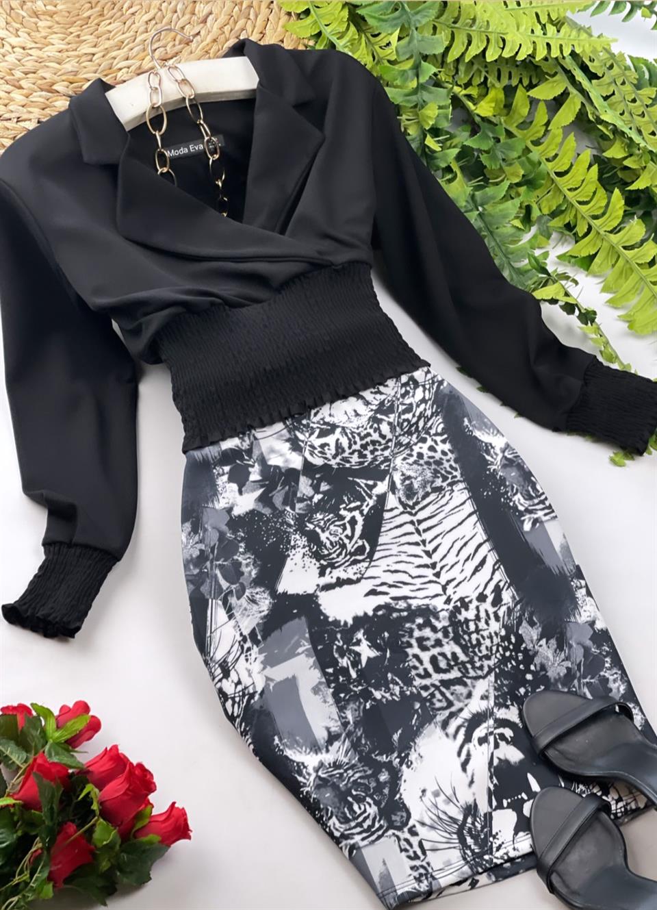 Scuba Kumaş Leopar Desen Beli Lastikli Fermuarsız Yırtmaçsız Kalem Etek 