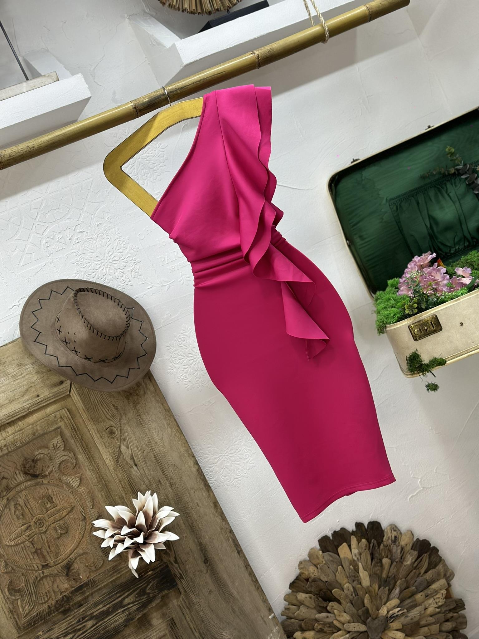 Scuba Kumaş Tek Omuz Volan Detaylı Kalem Elbise 