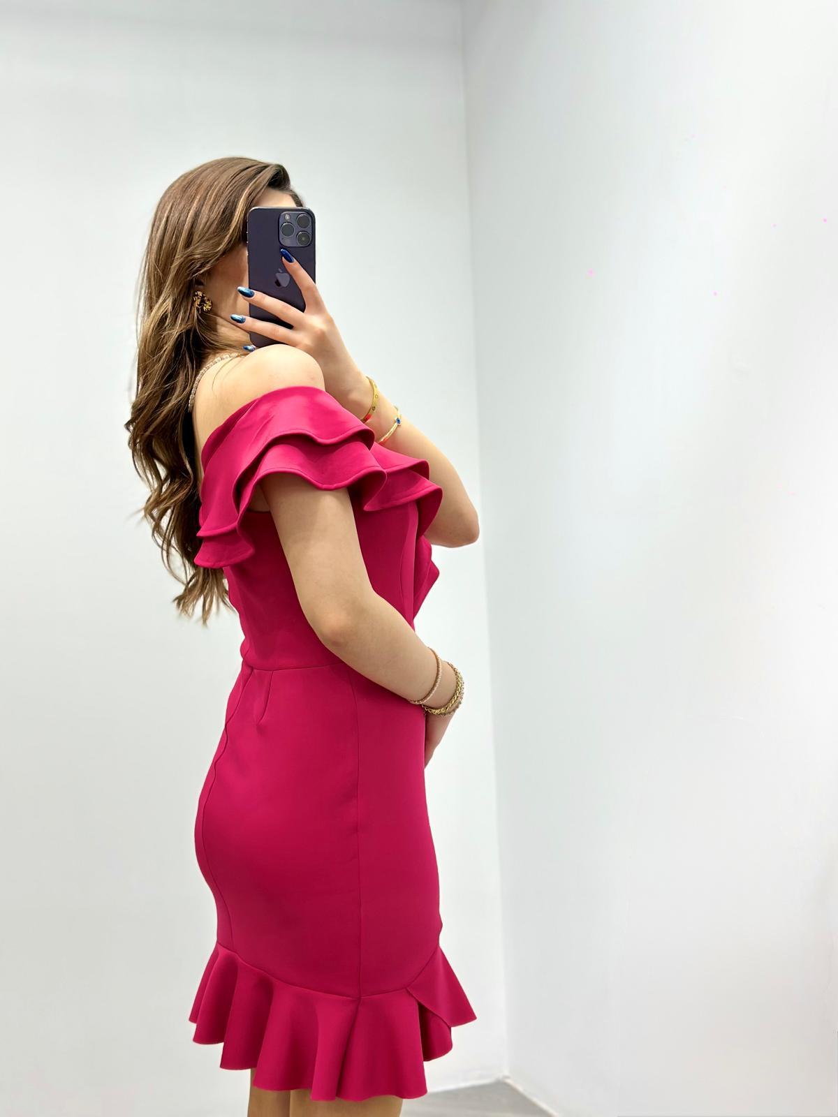 Scuba Kumaş Volanlı Özel Üretim Elbise Fuşya