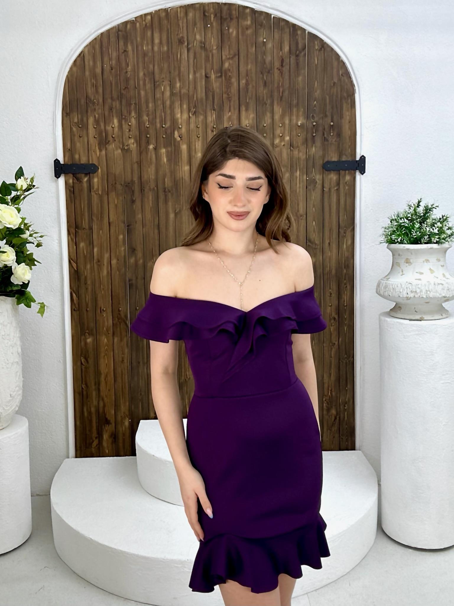 Scuba Kumaş Volanlı Özel Üretim Elbise Mor