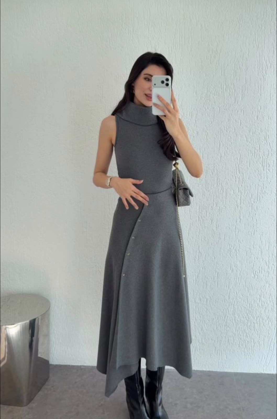 Selanik Triko Düğme Detaylı Asimetrik Etek Bluz İkili Takım Antrasit