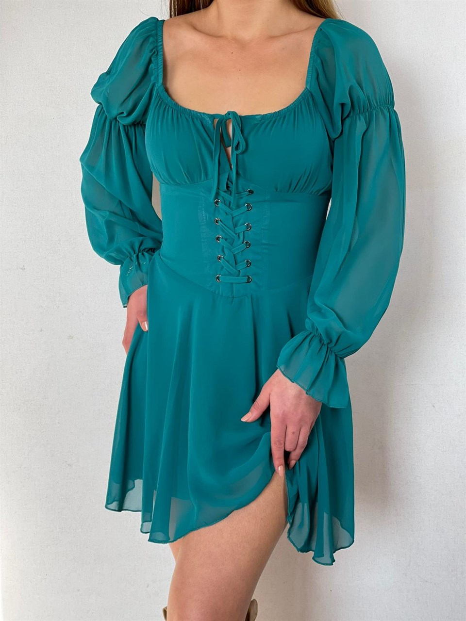 Şifon Kumaş Bel Korsaj Detay Göğüs Bağ Detay Elbise