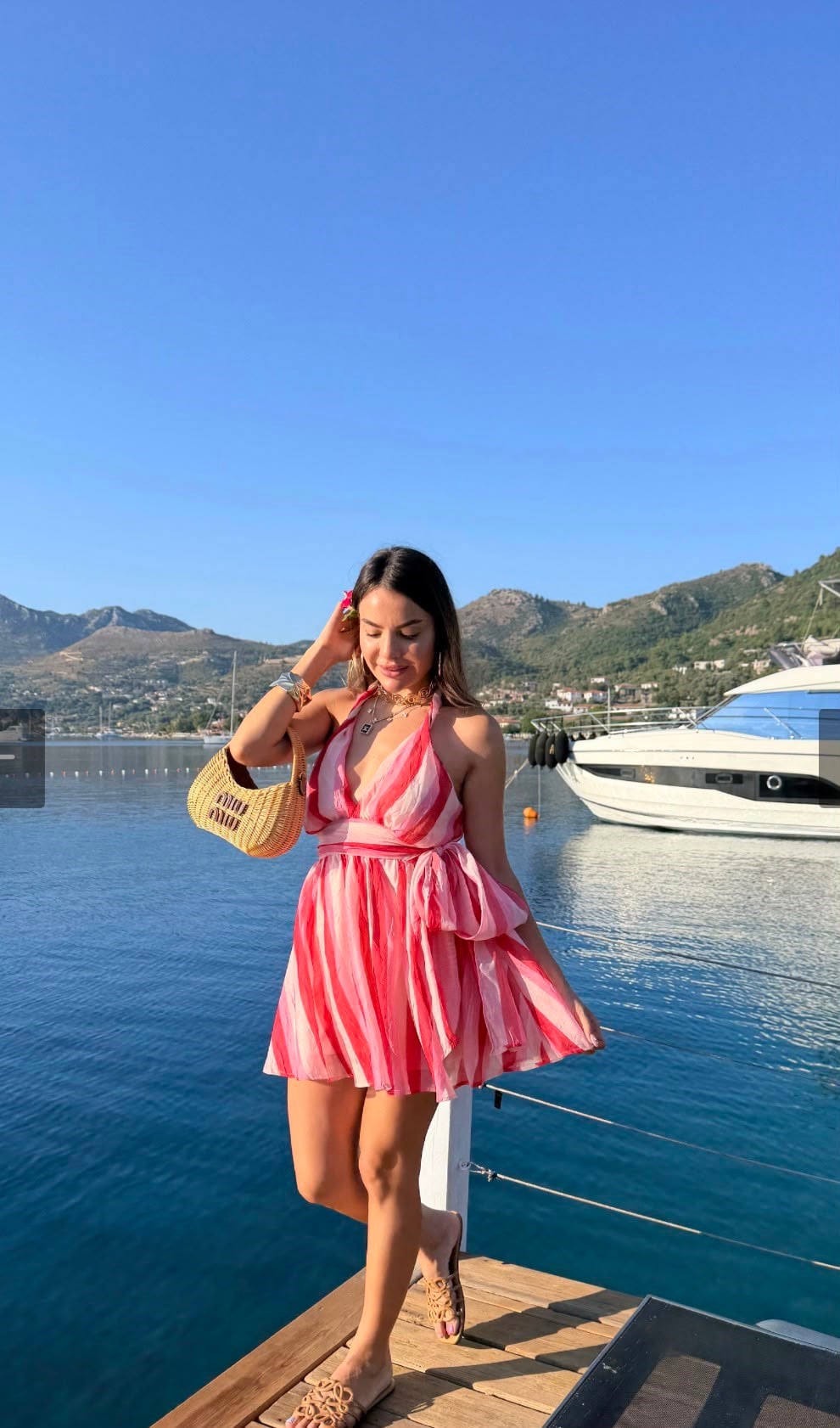 Şifon Kumaş Çizgi Desen Tasarım Elbise Pembe