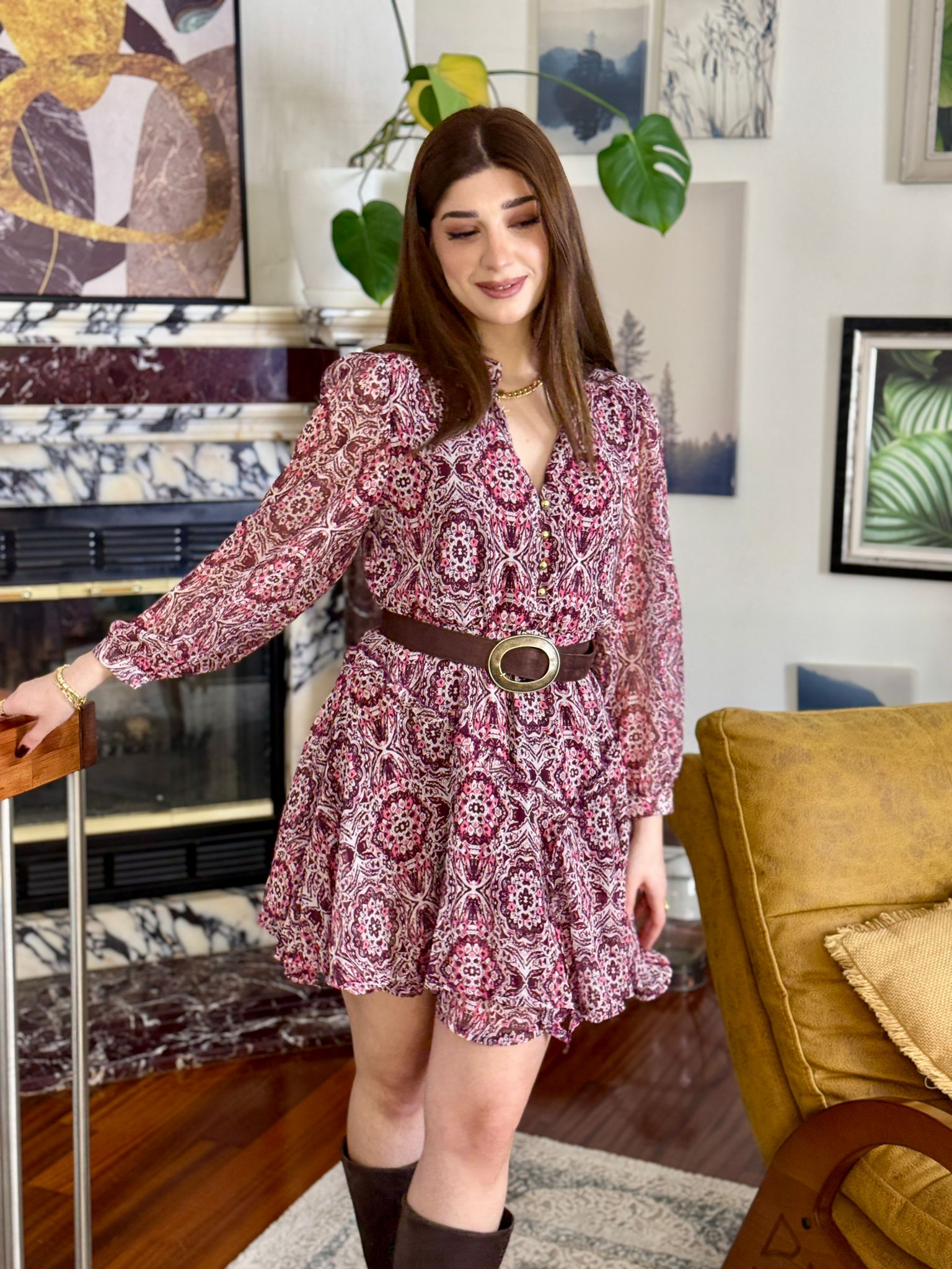 Şifon Kumaş Fırfır Detaylı Şal Desen Elbise