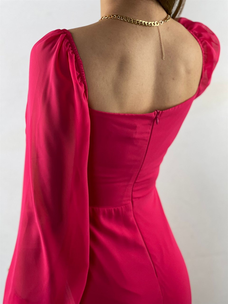 Şifon Kumaş Göğüs Büzgülü Eteği Fırfırlı Mini Elbise