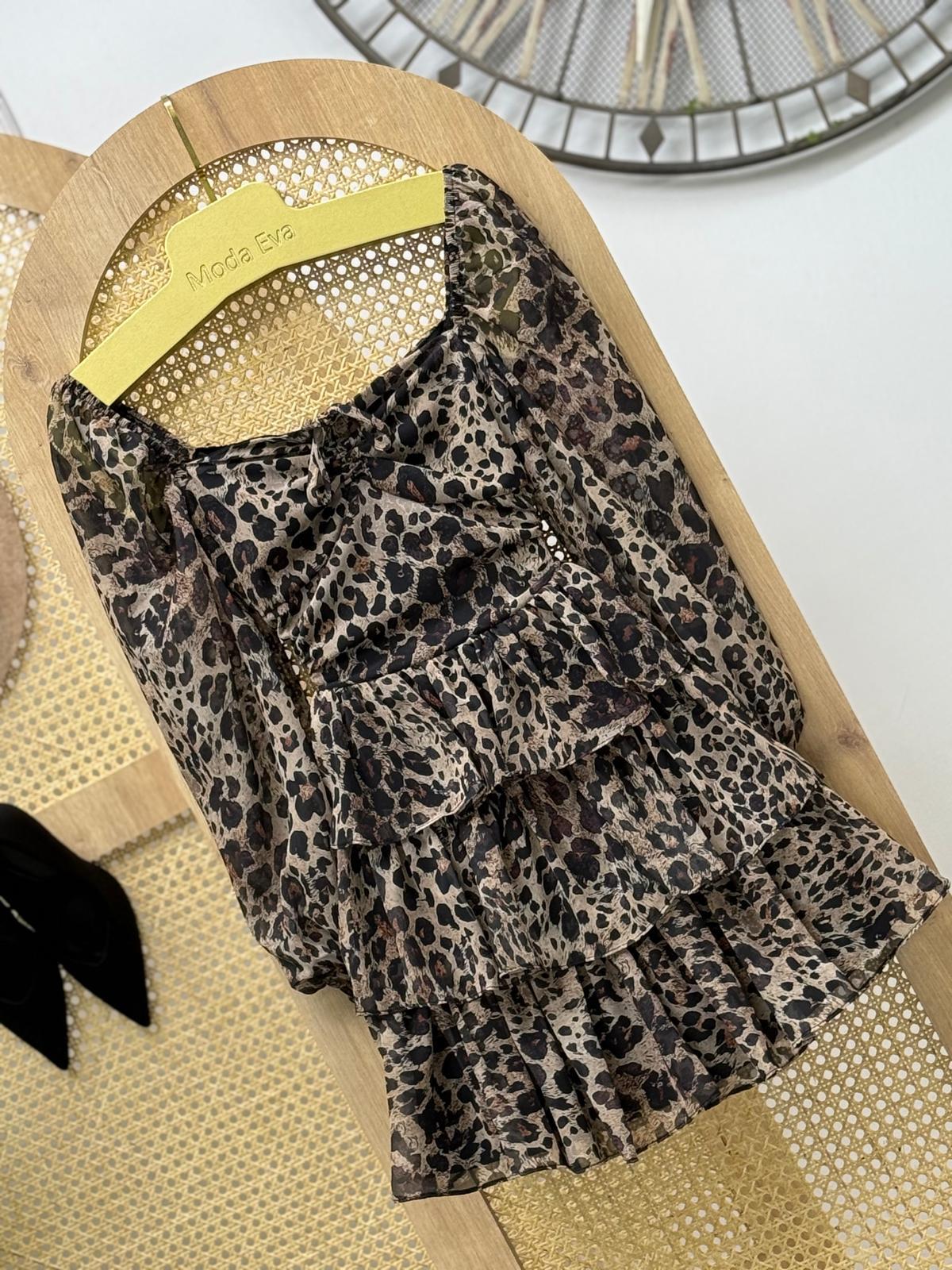 Şifon Kumaş Leopar Desen Gipe Detaylı Tasarım Elbise