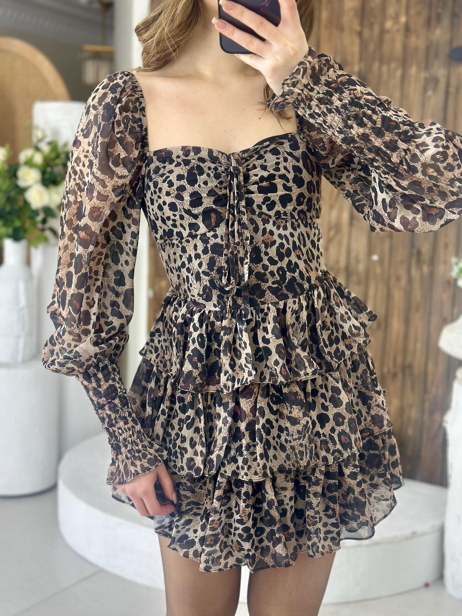 Şifon Kumaş Leopar Desen Gipe Detaylı Tasarım Elbise