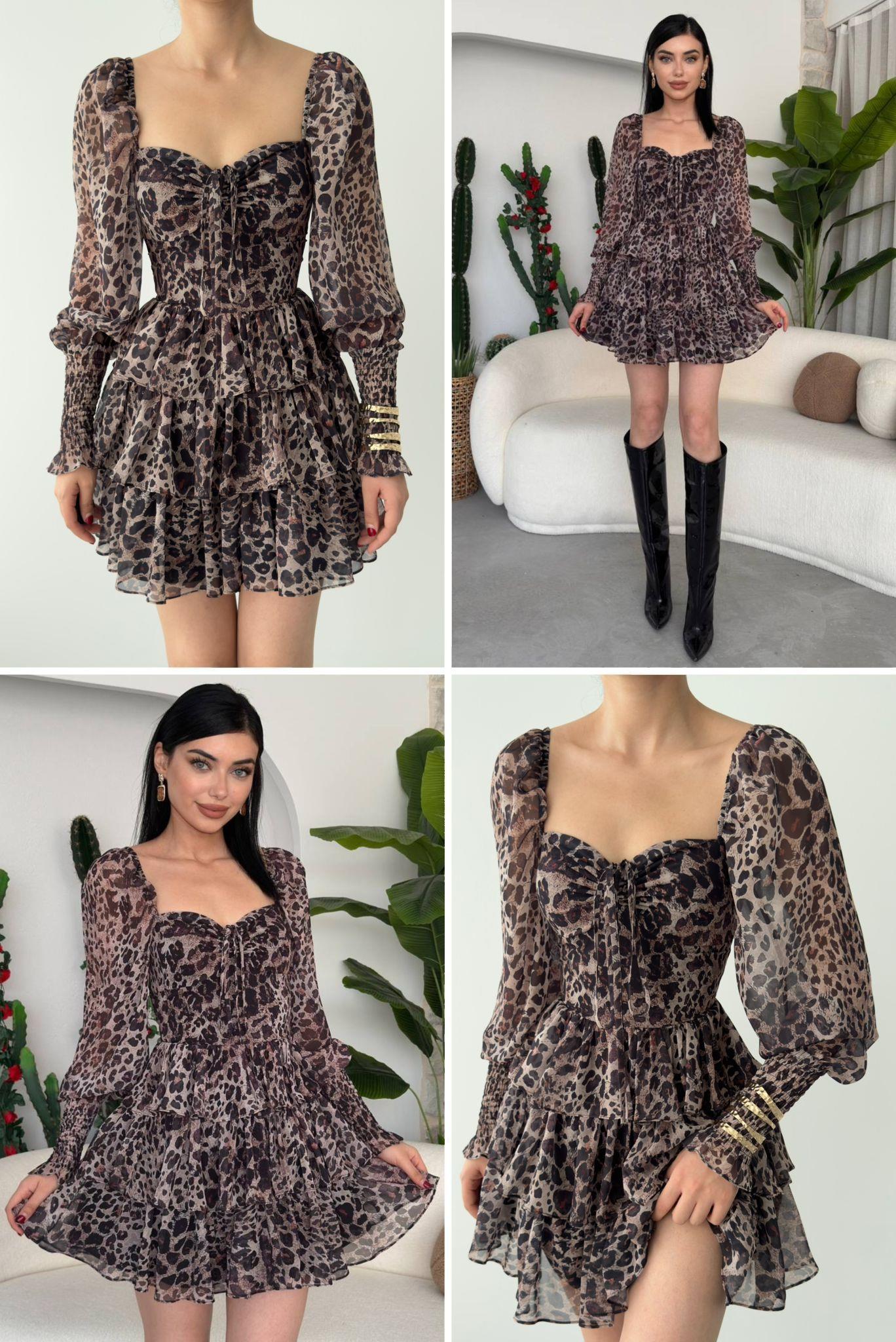 Şifon Kumaş Leopar Desen Gipe Detaylı Tasarım Elbise