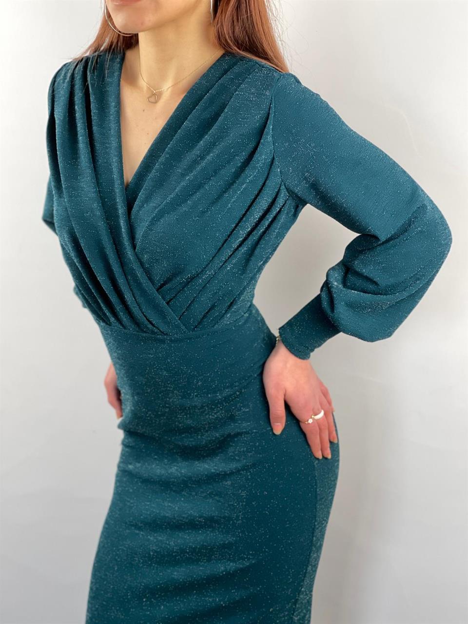 Simli Likralı Crep kumaş Kruvaze yaka Uzun Kalem Elbisemiz