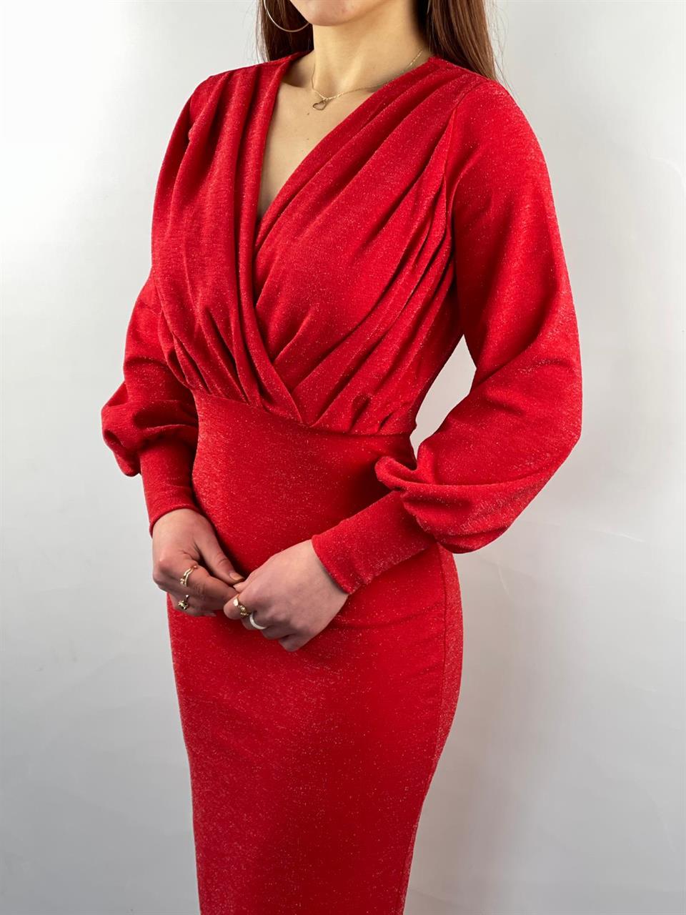 Simli Likralı Crep kumaş Kruvaze yaka Uzun Kalem Elbisemiz