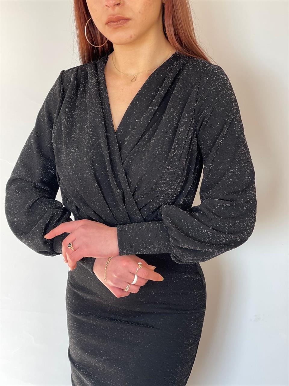 Simli Likralı Crep kumaş Kruvaze yaka Uzun Kalem Elbisemiz