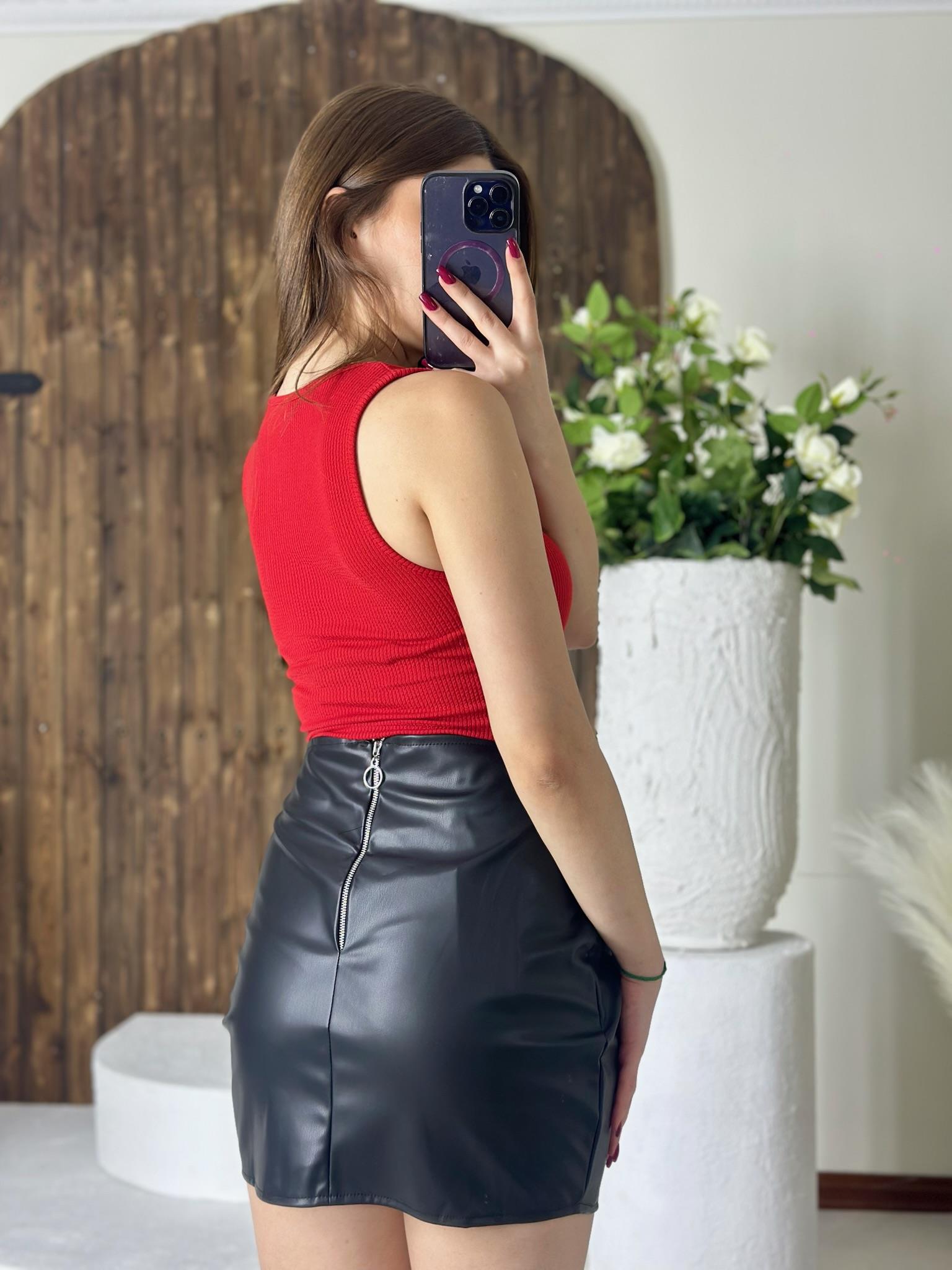 Siyah Vegan Deri Drapeli Kruvaze Etek 