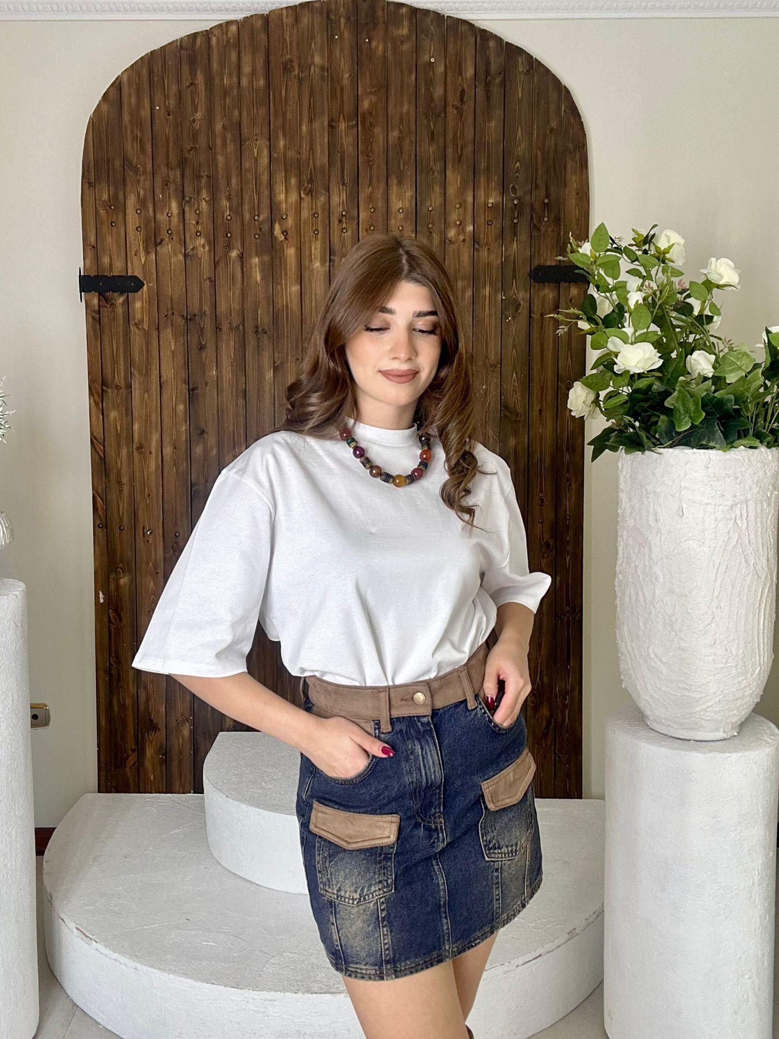 Süet Detay Cepli Jean Mini Etek