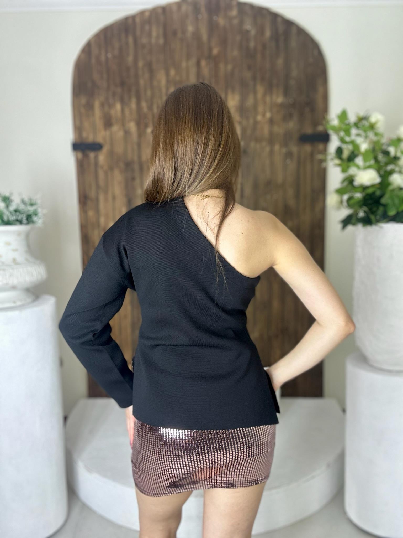 Tek Kol Bel Oturmalı Yanlar Yırtmaç Detaylı Triko Kazak 