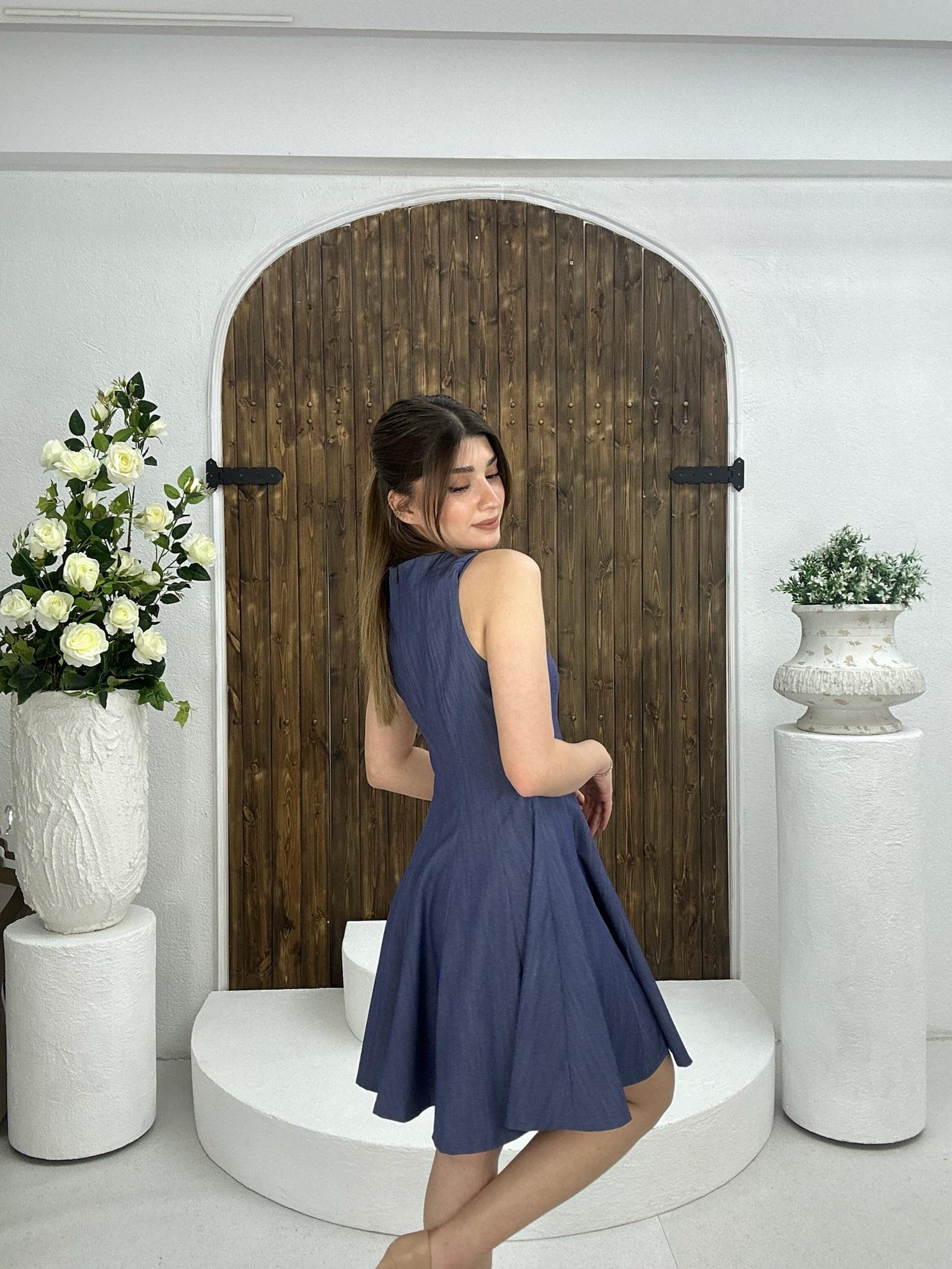 Tensel Kumaş Kloş Elbise Koyu Mavi