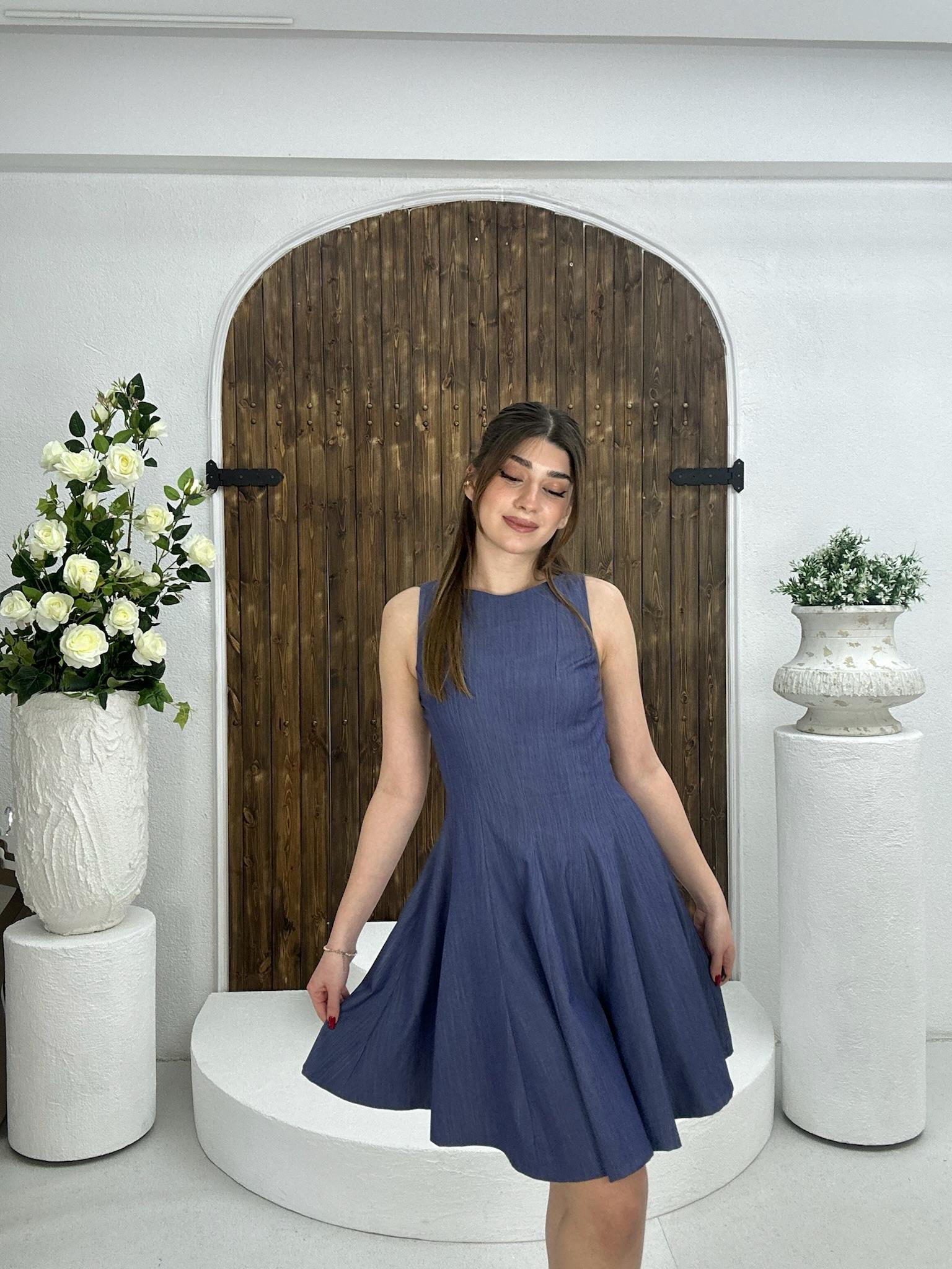 Tensel Kumaş Kloş Elbise Koyu Mavi