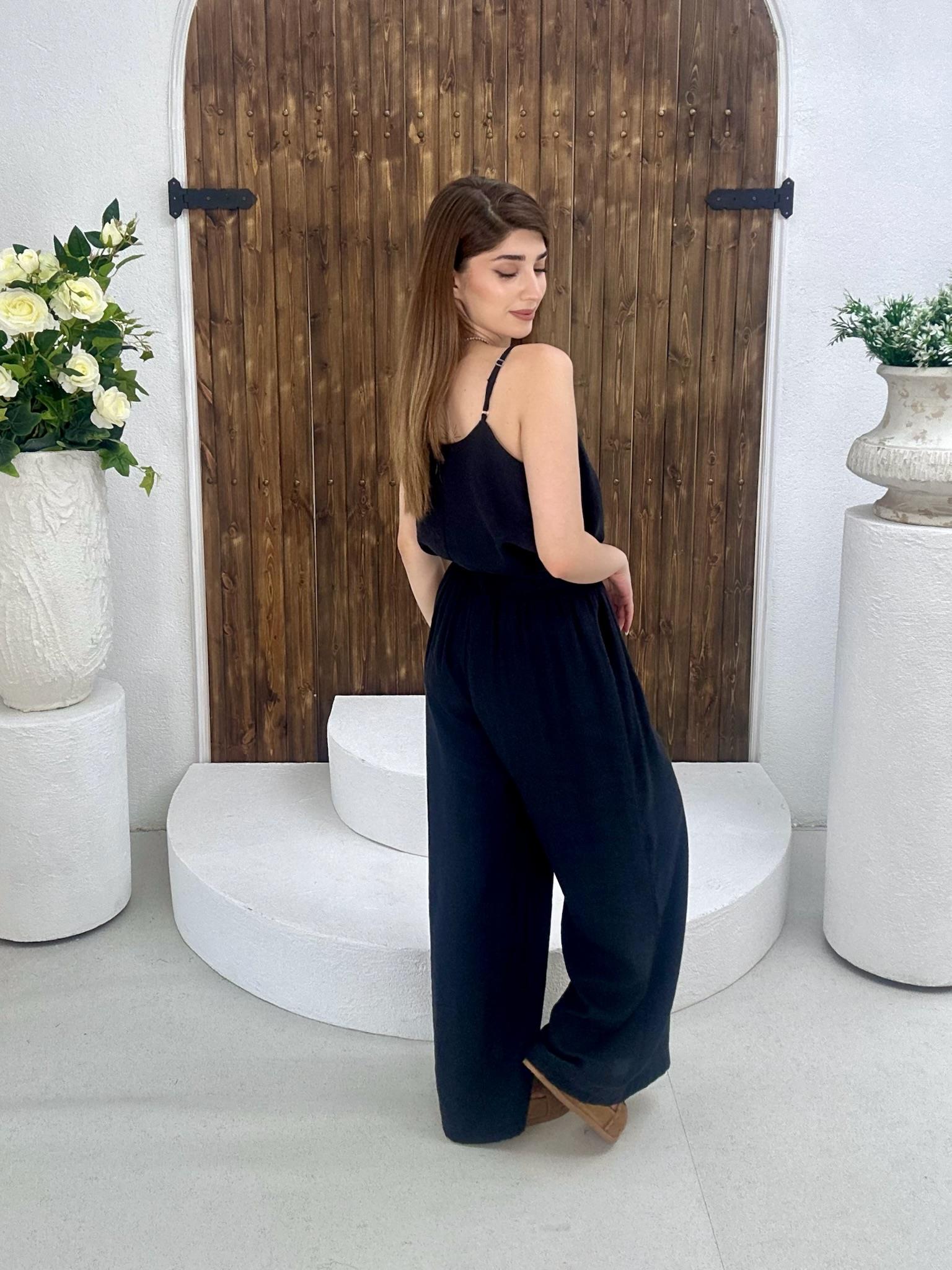 Tensel Kumaş Rahat Kalıp Pantolonlu İkili Takım Siyah