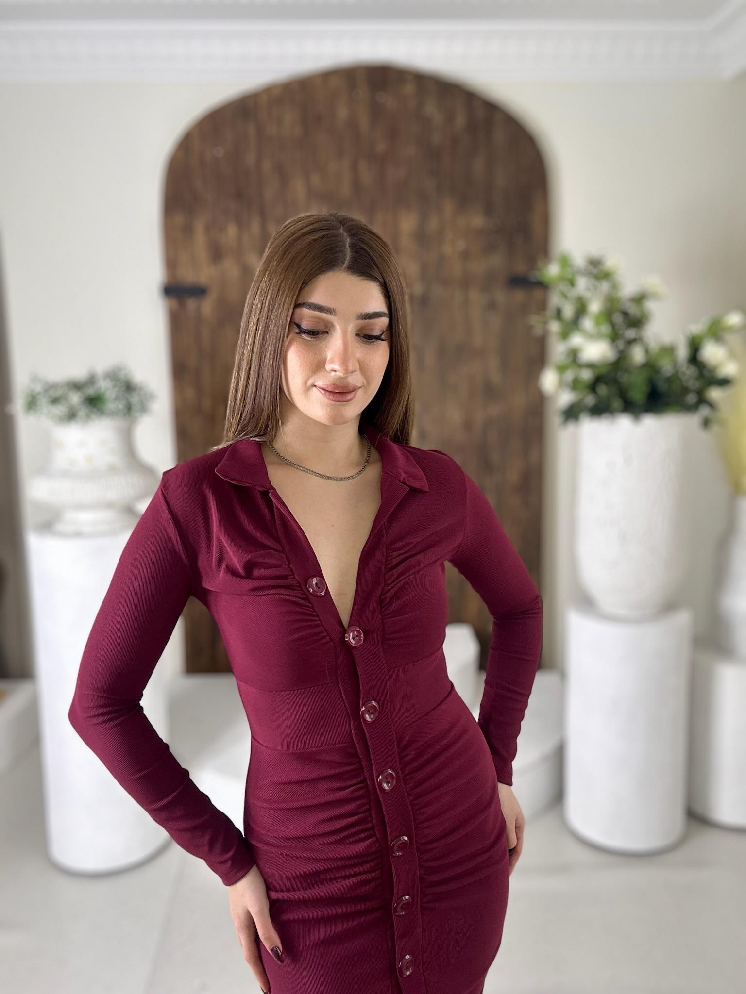 Toparlayıcı Ottoman Kumaş Drapeli Gömlek Elbise Bordo